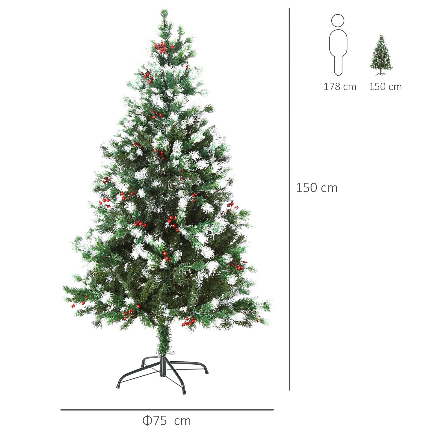 HOMCOM 1.5m Snowy Artificial Christmas Tree w/ Red Berries