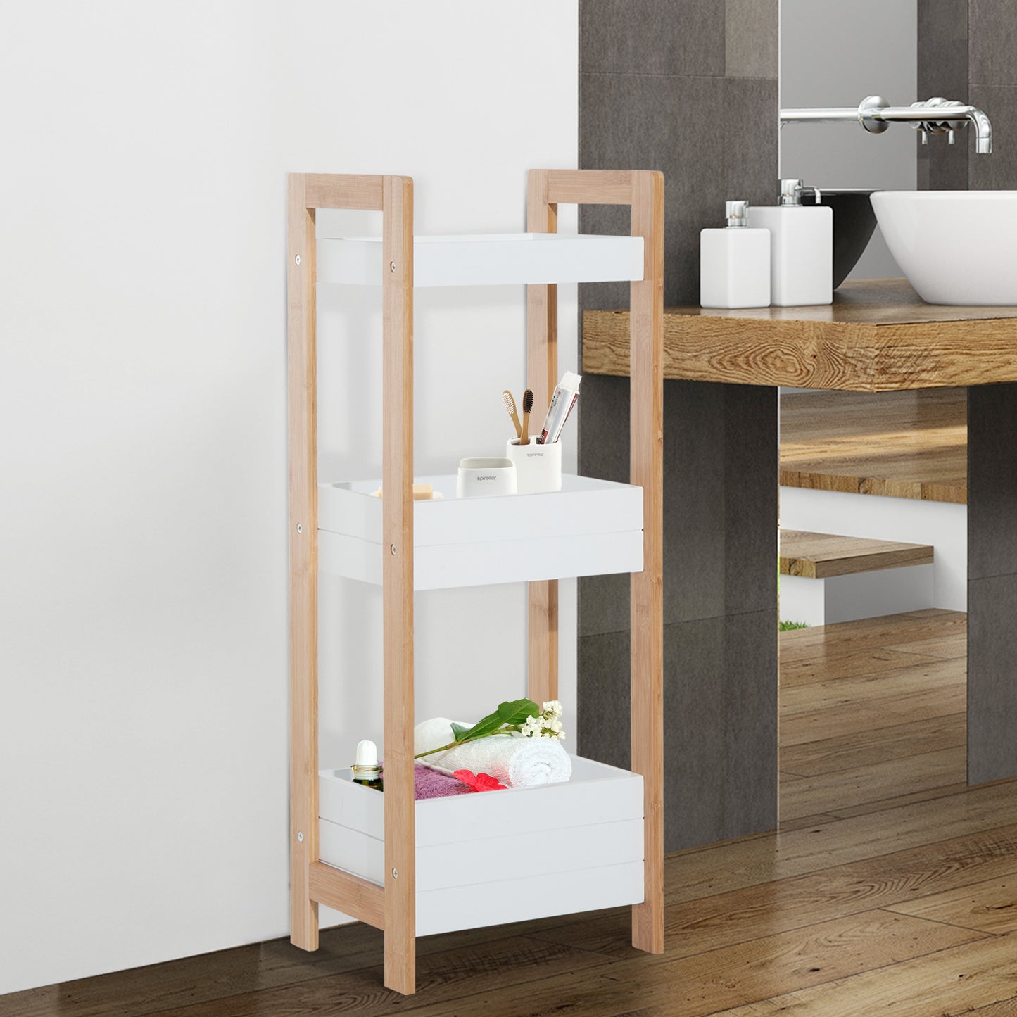 HOMCOM 3-Tier Bathroom Rack Storage Shelf Bamboo Organiser Shower Tower for Narrow Place