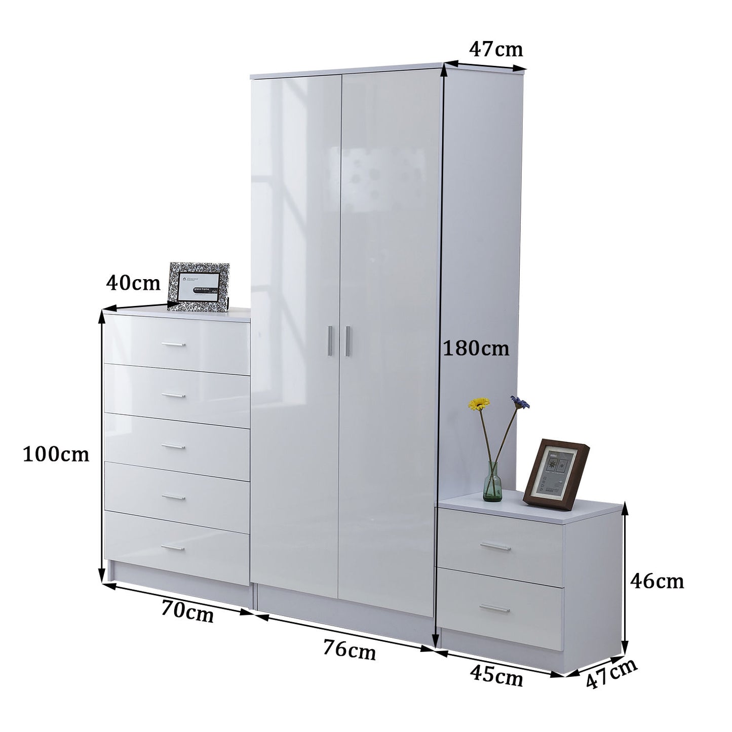 HOMCOM 3 Pc High Gloss Wardrobe Set-White