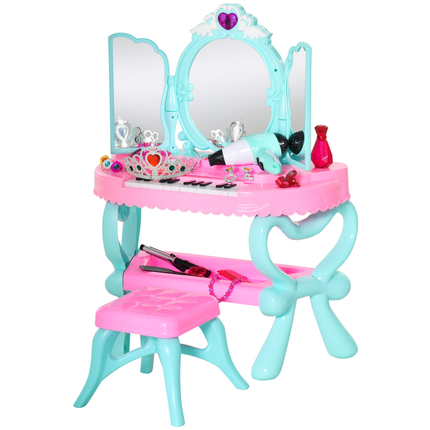 HOMCOM 2 In 1 Musical Piano Kids Dressing Table Set w/ Light, for 3-6 Years Old