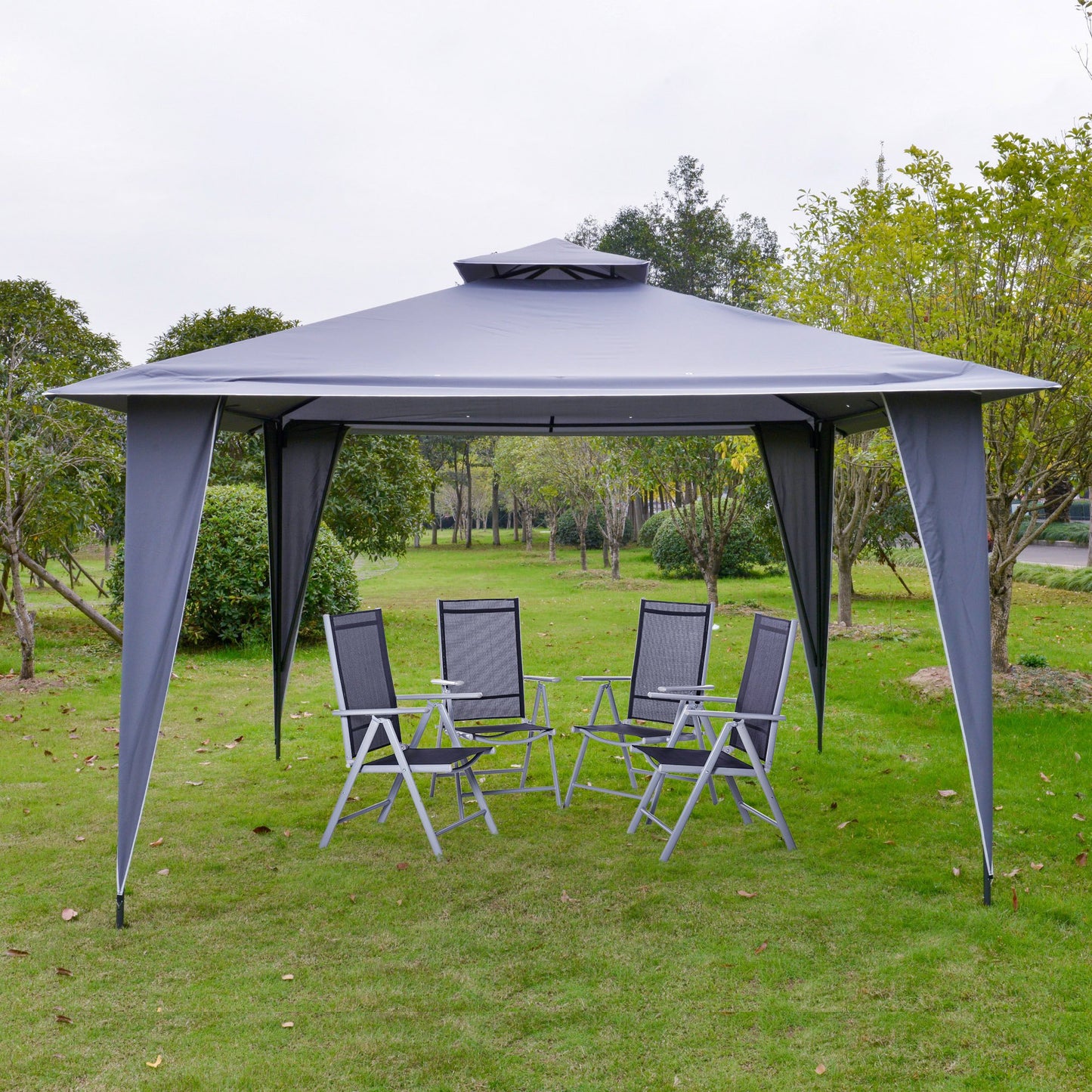 Outsunny 3.5x3.5m Side-Less Outdoor Canopy Tent Gazebo w/ 2-Tier Roof Steel Frame Grey