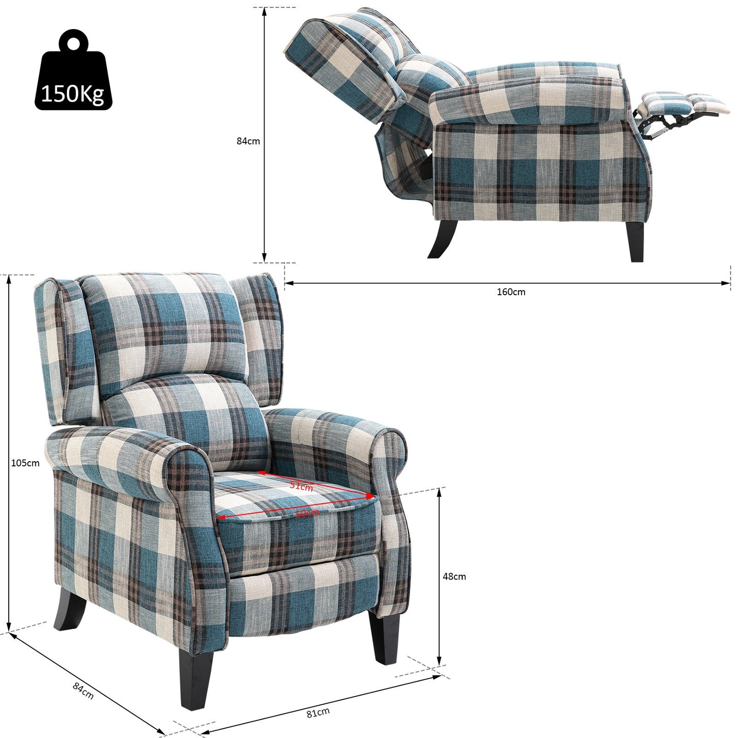 HOMCOM Plush Single Sofa Chair Recliner Armchair Checked Blue
