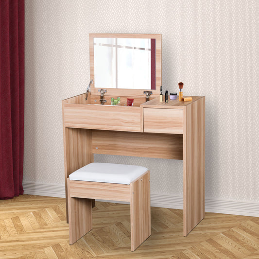 HOMCOM Dressing Table With Mirror and Stool-Wood Grain Colour