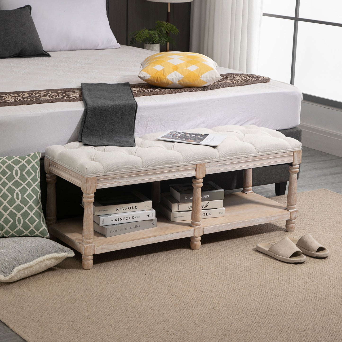 HOMCOM Shoe Rack Bench w/ Button Tufted Seat Cushion for Hallway Bedroom Cream White