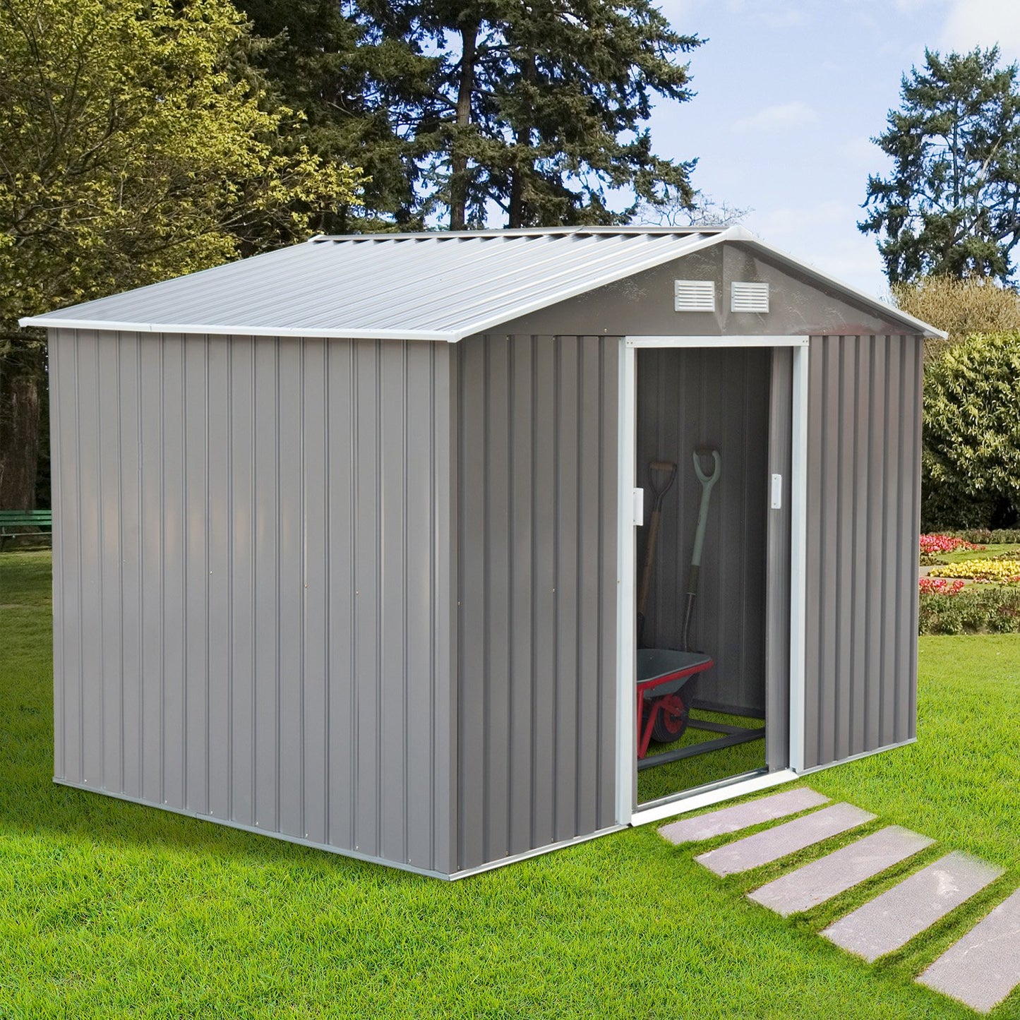 Outsunny 6.2 x 9ft Galvanized Steel Garden Shed & Foundation - Grey