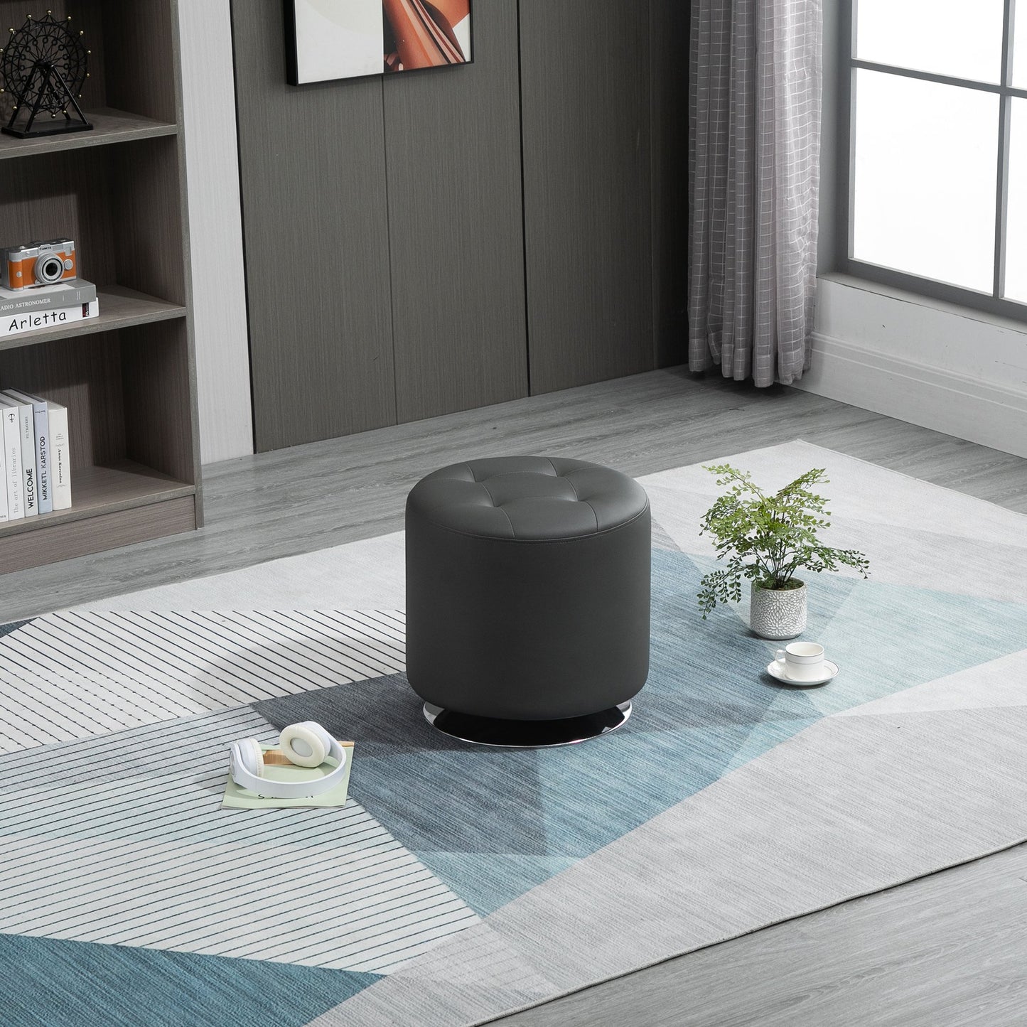 HOMCOM 360° Swivel Foot Stool Round PU Ottoman with Thick Sponge Padding and Solid Steel Base, Grey