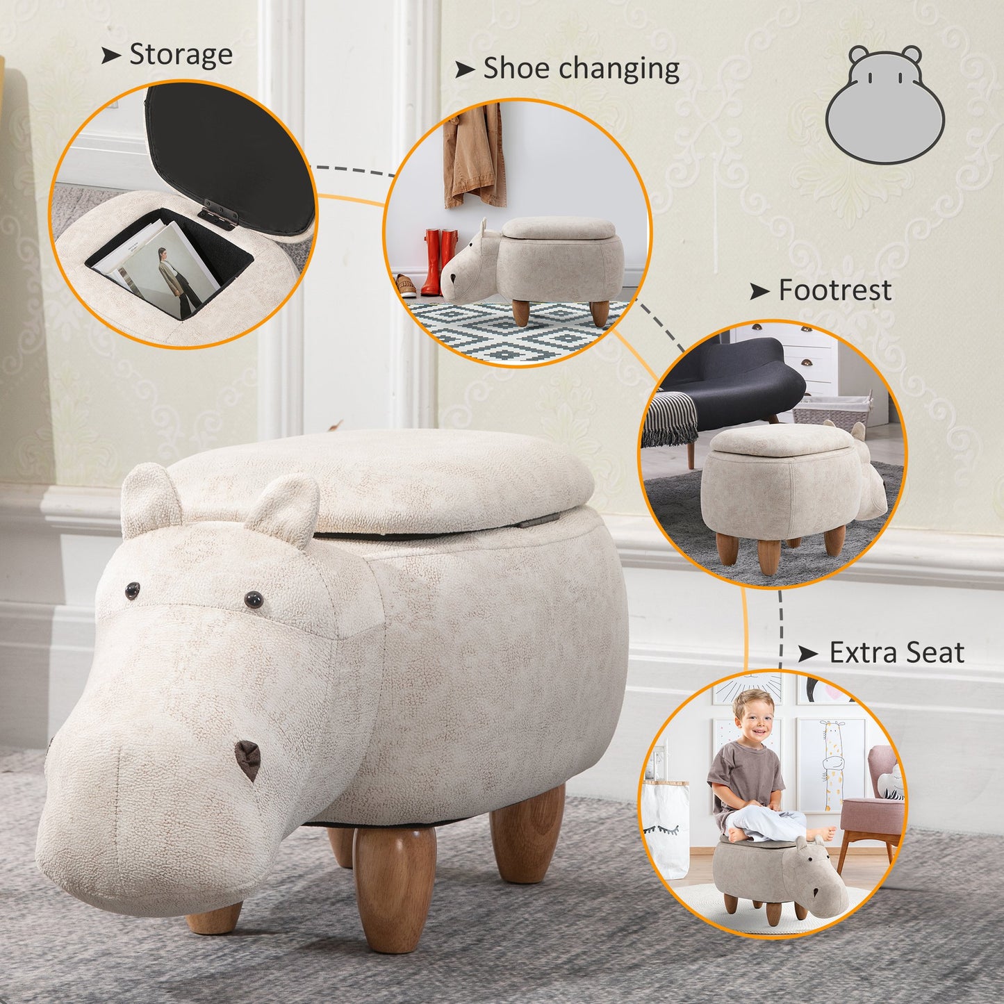 HOMCOM Hippo Storage Footstool Ottoman Polyester Upholstered Stool Cream/White