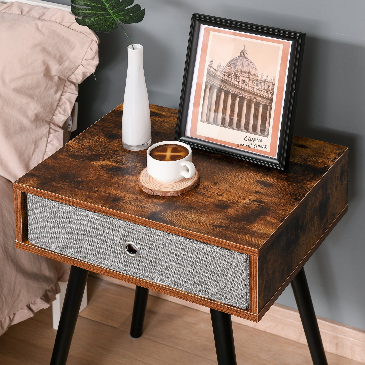 HOMCOM Retro Side Table End Table Nightstand with Removable Fabric Drawer Living Room