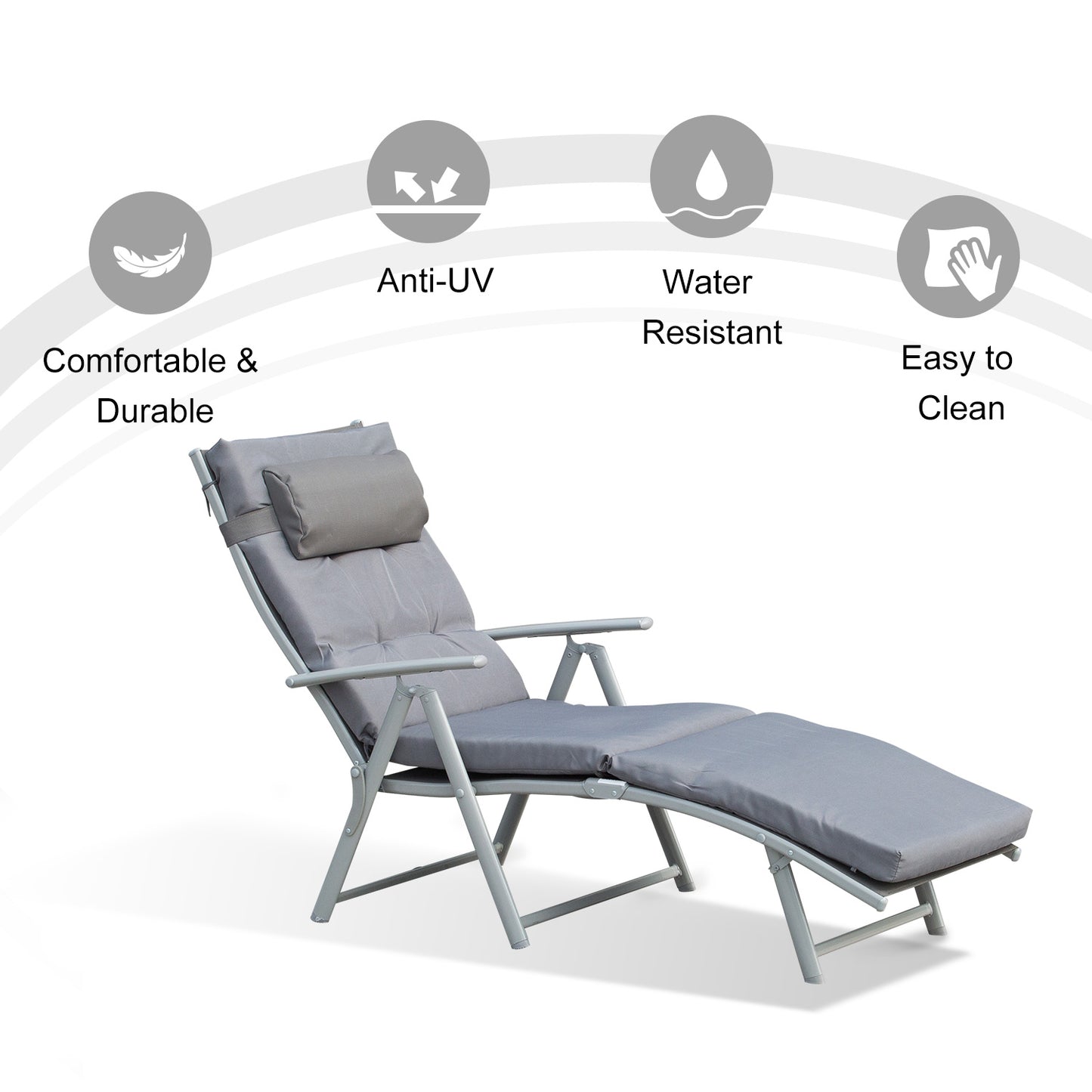 Folding Chaise Lounge Chair Adjustable Pool Beach Sun Lounger w/ Cushion Pillow