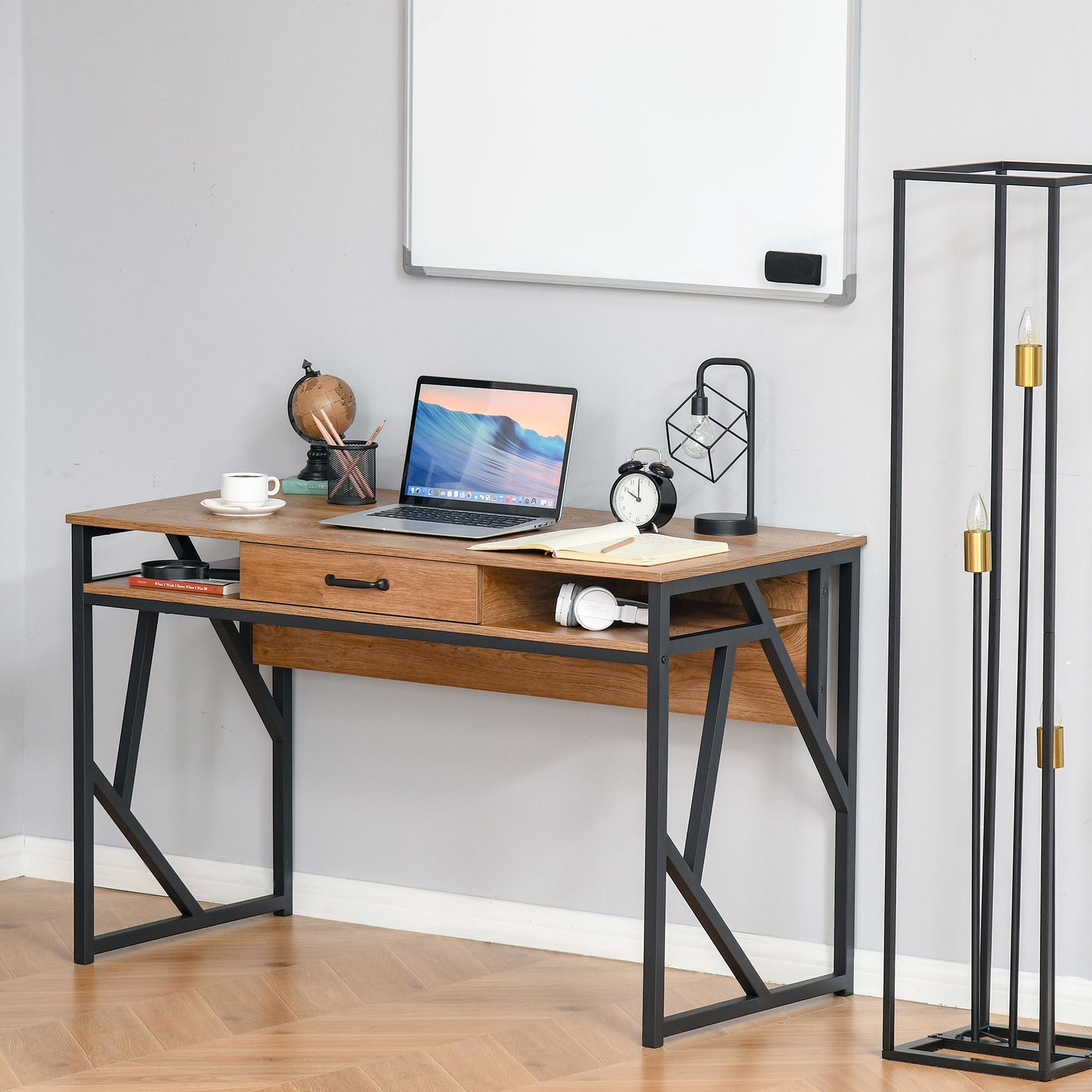 HOMCOM Modern Writing Desk Office Workstation with Storage Shelf Drawer Brown Black