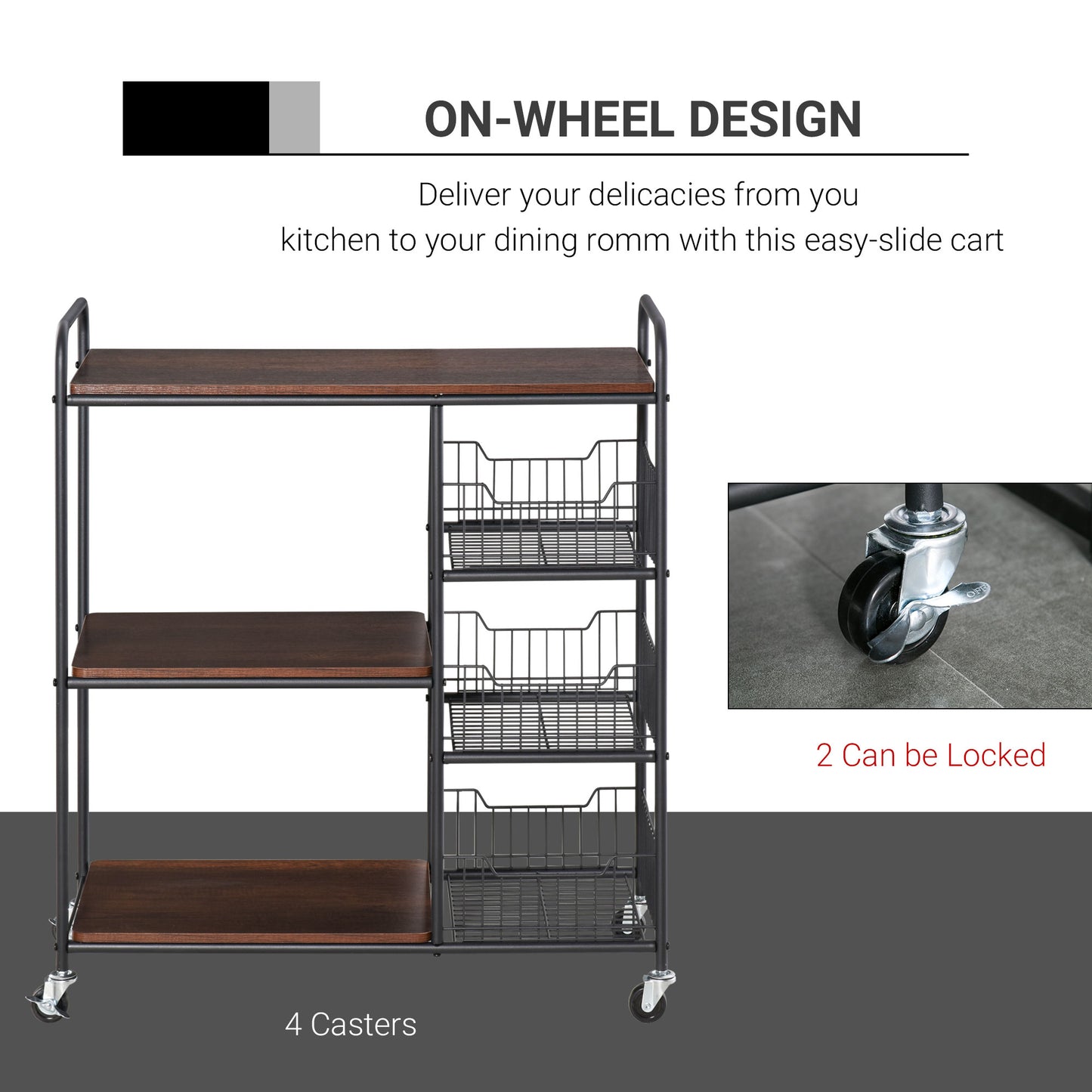 HOMCOM Industrial-Style Kitchen Dining Storage Cart Trolley w/ Shelves Baskets Wheels