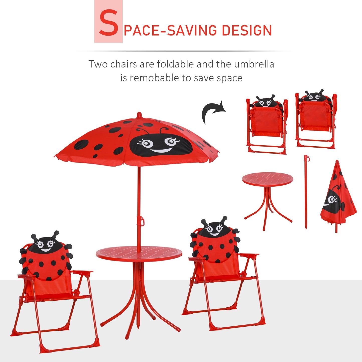 Outsunny Kids Folding Picnic Table and Chairs Set Ladybug Pattern Outdoor w/ Parasol