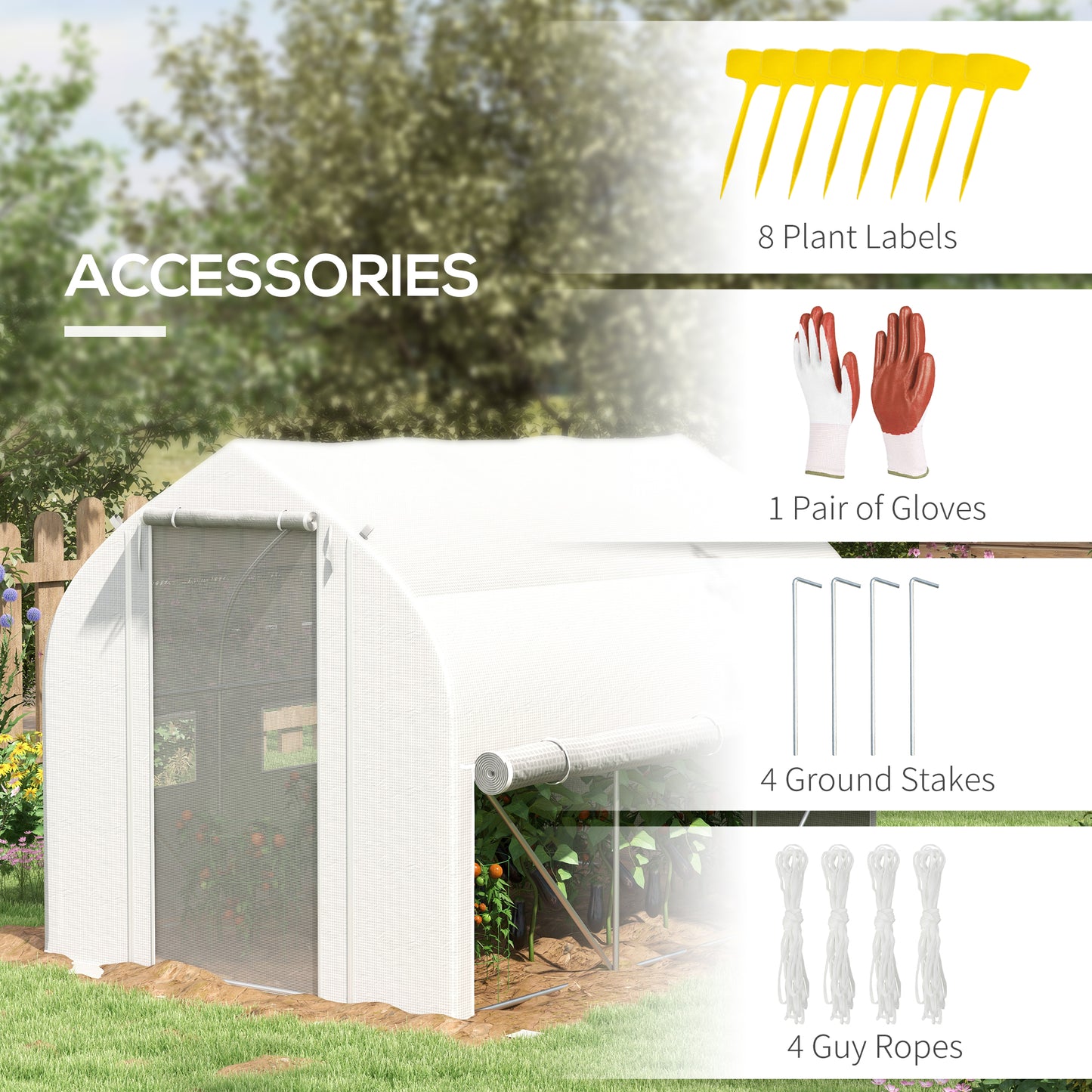 Outsunny 3 x 2(m) Walkin Polytunnel Greenhouse Zipped Roll Up Sidewalls Mesh Door 6 Mesh Windows Tunnel Warm House Tent with PE Cover Complimentary Plant Labels and Gloves White