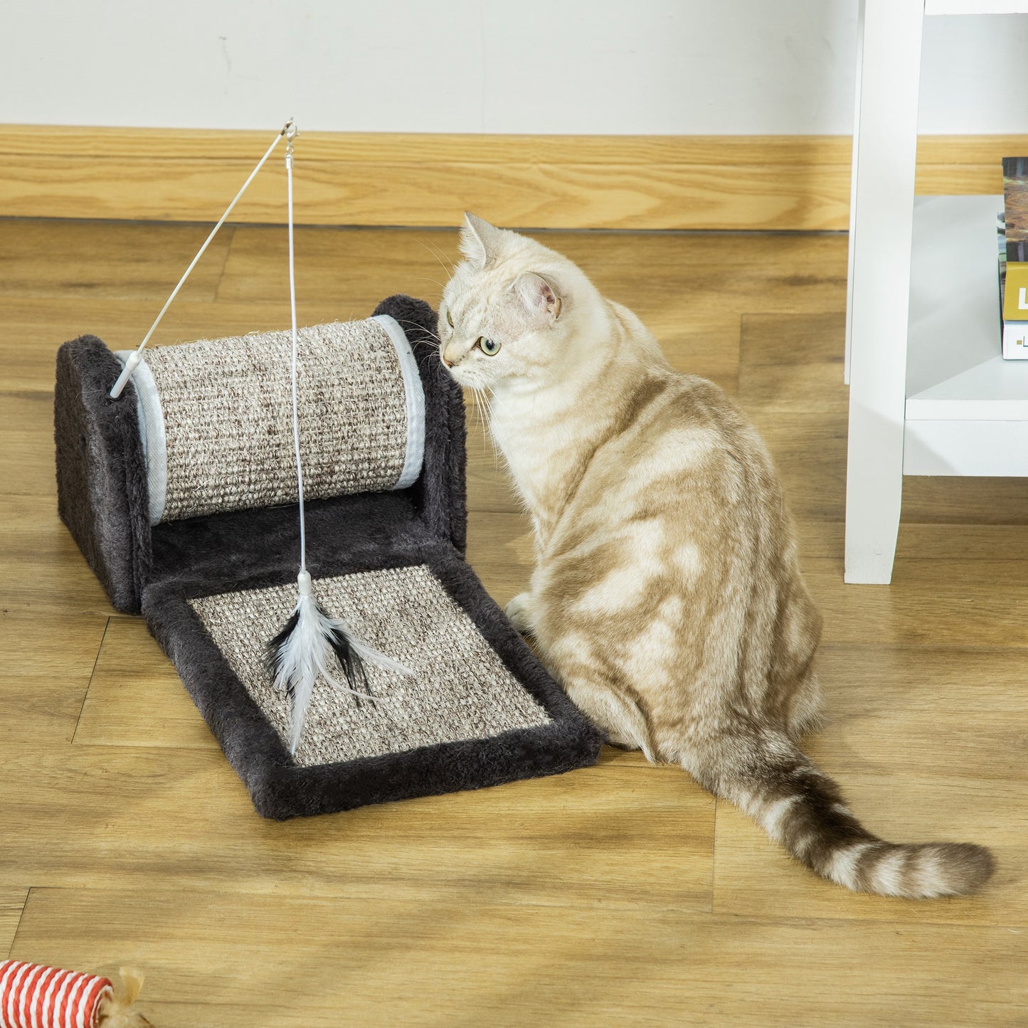 PawHut Cat Scratcher Sisal Scratching Pad Mat Board Kitten Toy with Roller Feather Teaser, 44 x 24 x 16 cm, Grey