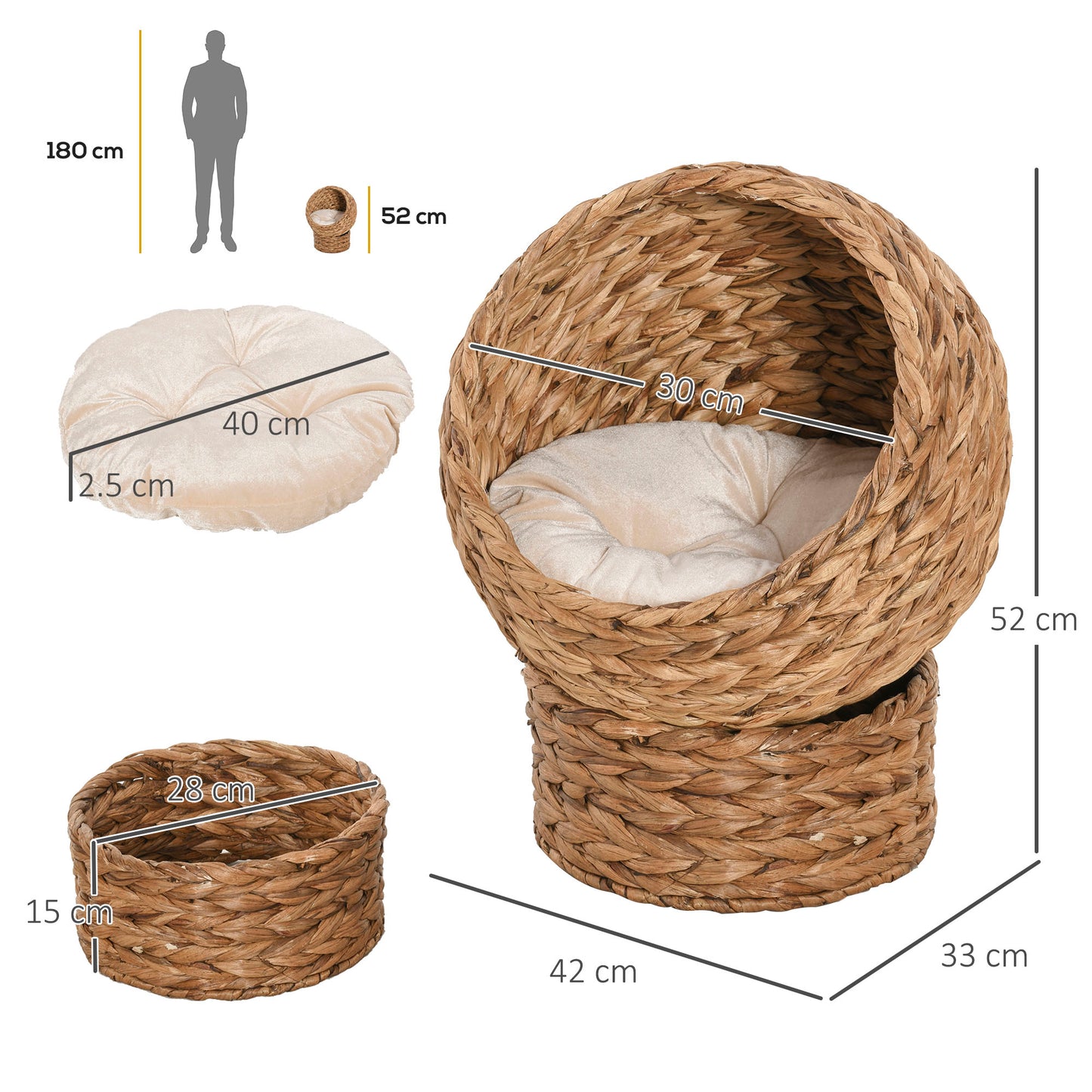 PawHut Wicker Cat Bed, Raised Rattan Cat Basket with Cylindrical Base, Soft Washable Cushion, Brown, 42 x 33 x 52 cm