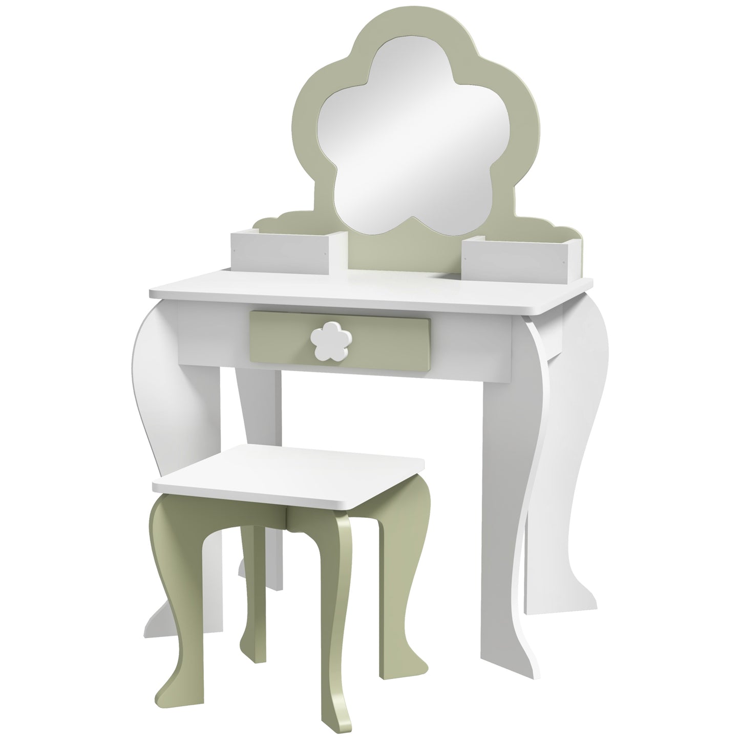ZONEKIZ Kids Vanity Table with Mirror and Stool Drawer Storage Boxes Beauty Flower Design for 36 Years Old White