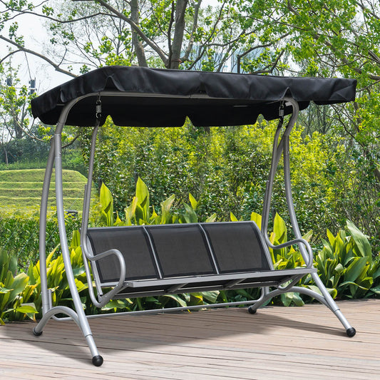 Outsunny 3 Person Steel Outdoor Patio Porch Swing Chair with Adjustable Canopy - Black