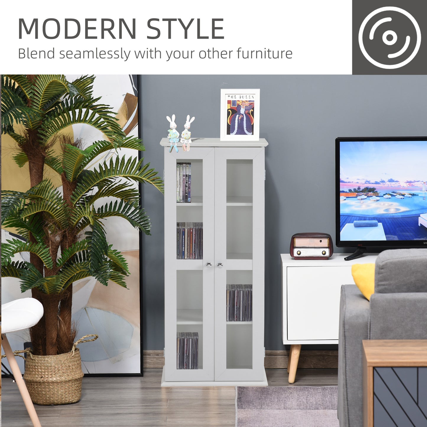 HOMCOM Media Cabinet - Holds up to 100 CDs, 4-Tier CD Storage Unit, Modern Bookcase with Magnetic Doors and Wide Base for Home, White