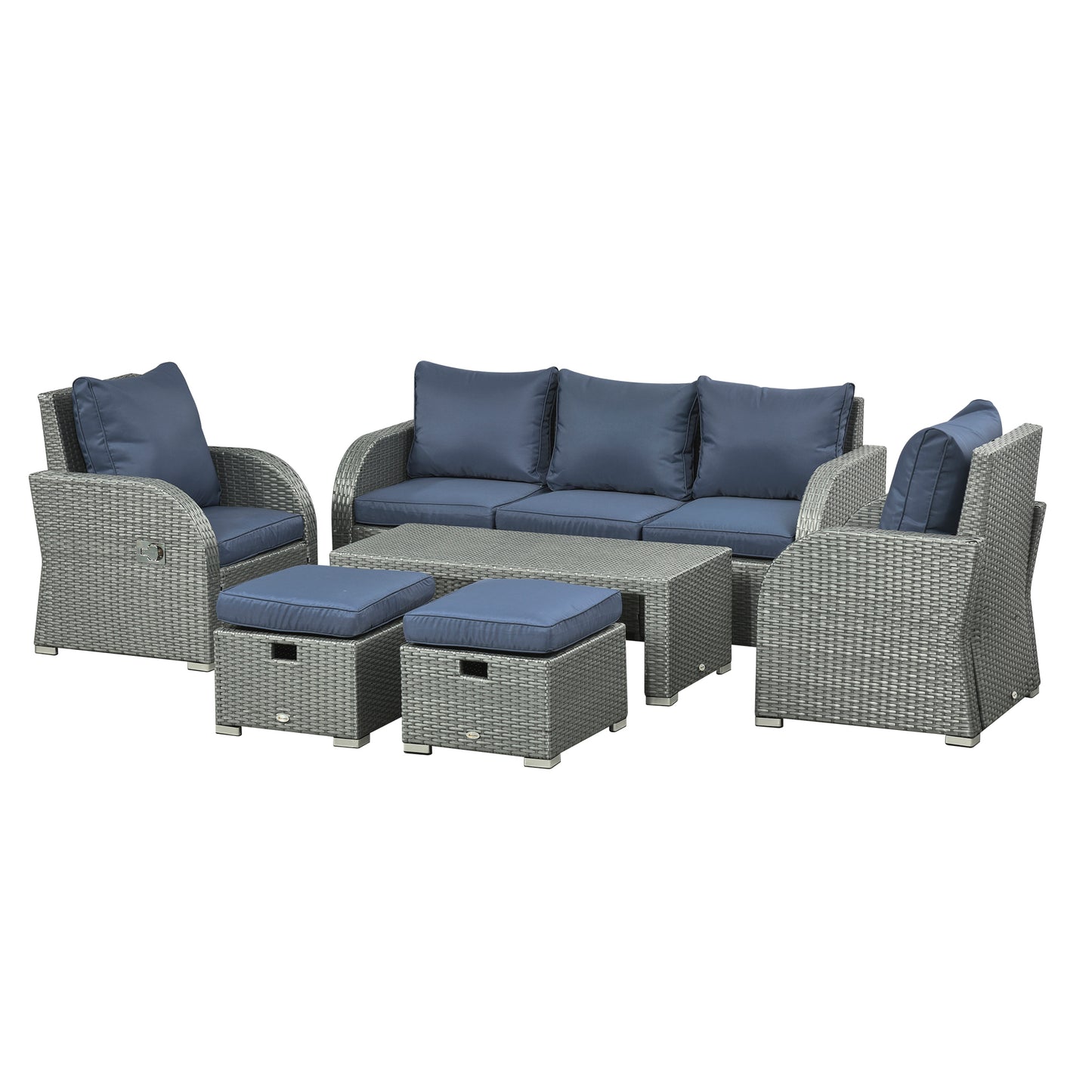 Outsunny 6pc Outdoor Rattan Wicker Furniture Set with 3-Seat Sofa, 2 Single Sofas, 2 Footstools and Coffee Table