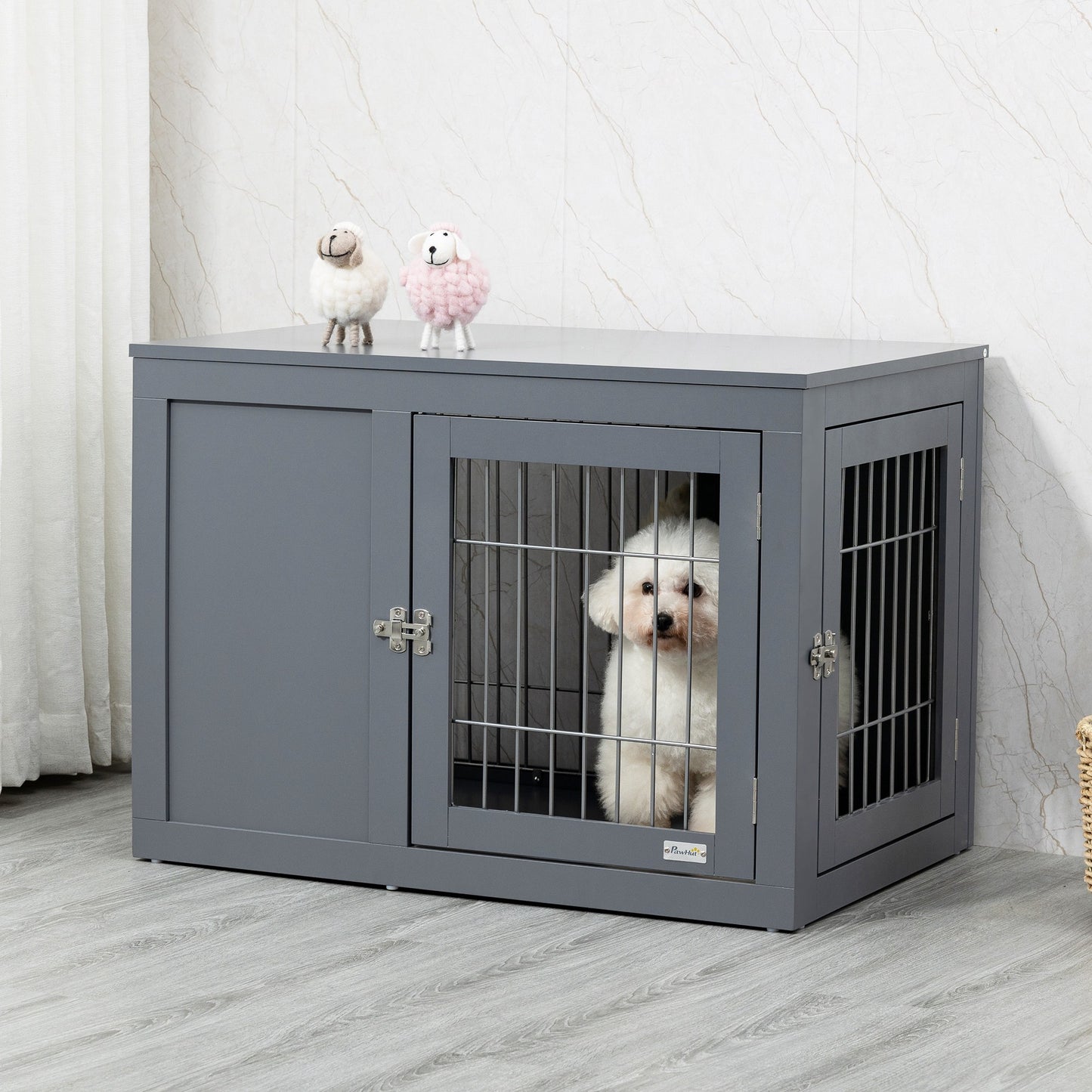 PawHut Furniture Style Dog Crate, End Table Pet Cage Kennel, Indoor Decorative Puppy House, with Double Doors, Locks, for Small & Medium Dogs, Grey