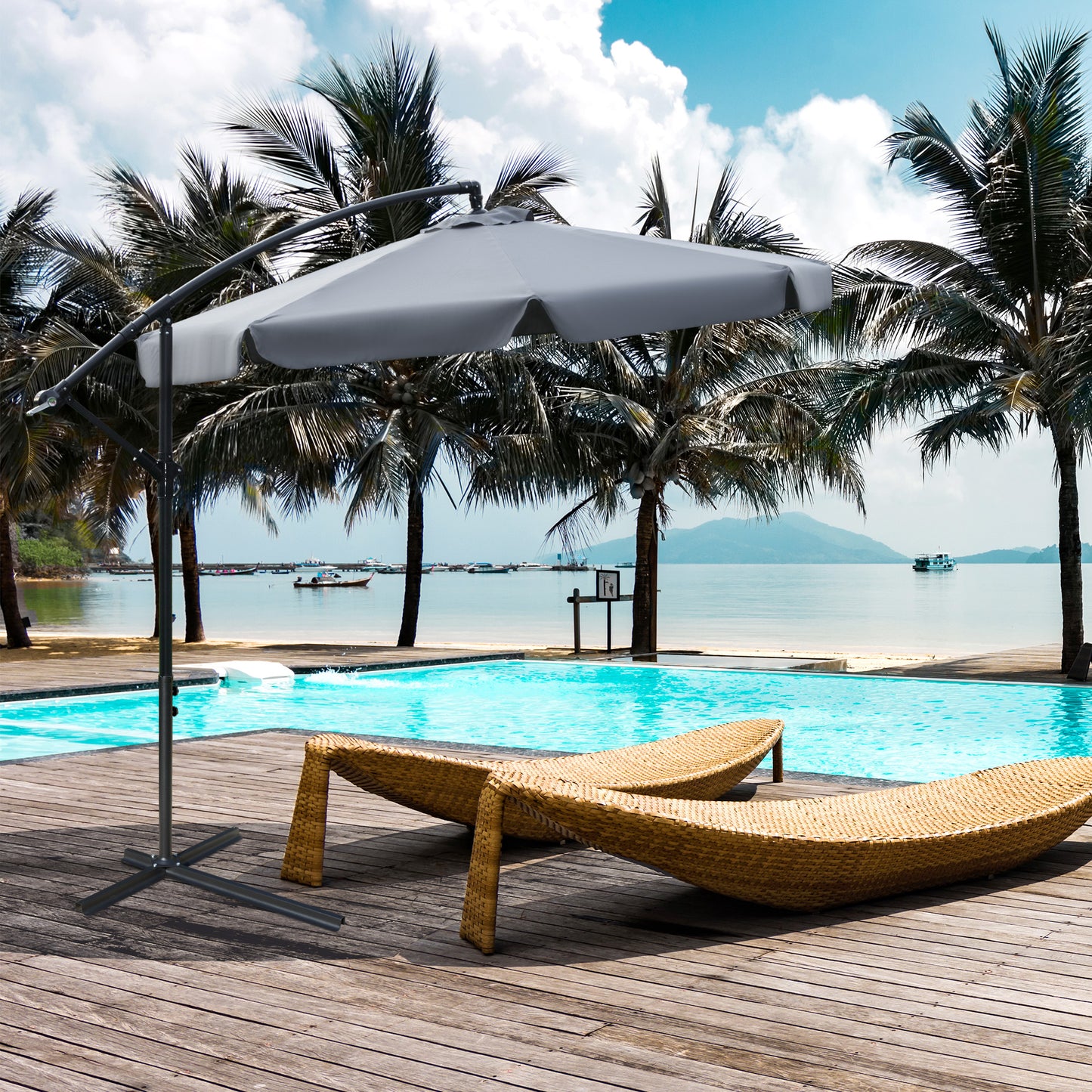 Outsunny 2.7m Garden Banana Parasol Cantilever Umbrella with Crank Handle and Cross Base for Outdoor, Hanging Sun Shade, Dark Grey