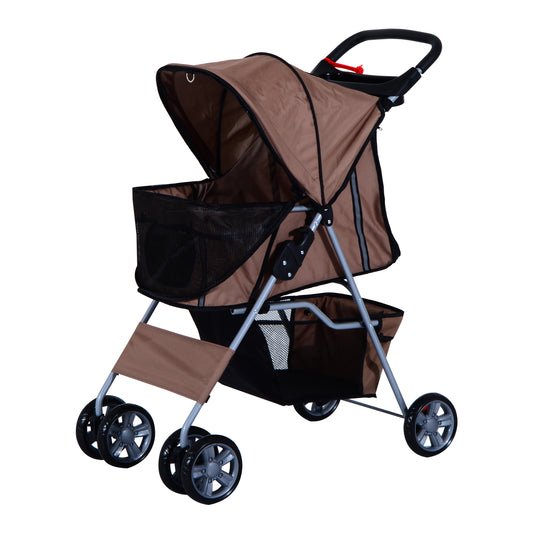 Pawhut Oxford Cloth Foldable Dog Stroller Pet Trolley w/ Zipper Entry-Brown/Silver
