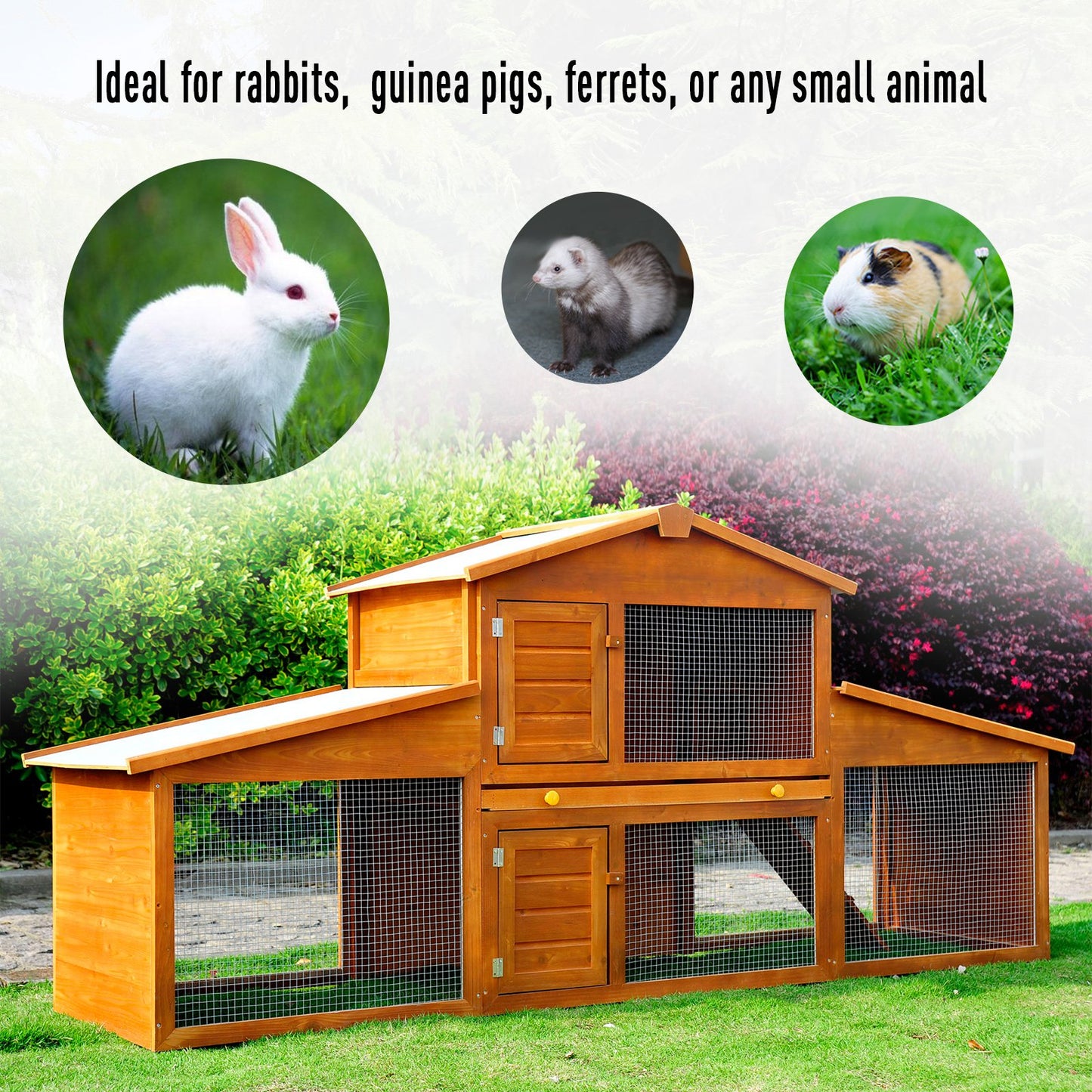 PawHut Small Animal Deluxe XXL Fir Wood 2-Tier Hutch Natural Wood Tone