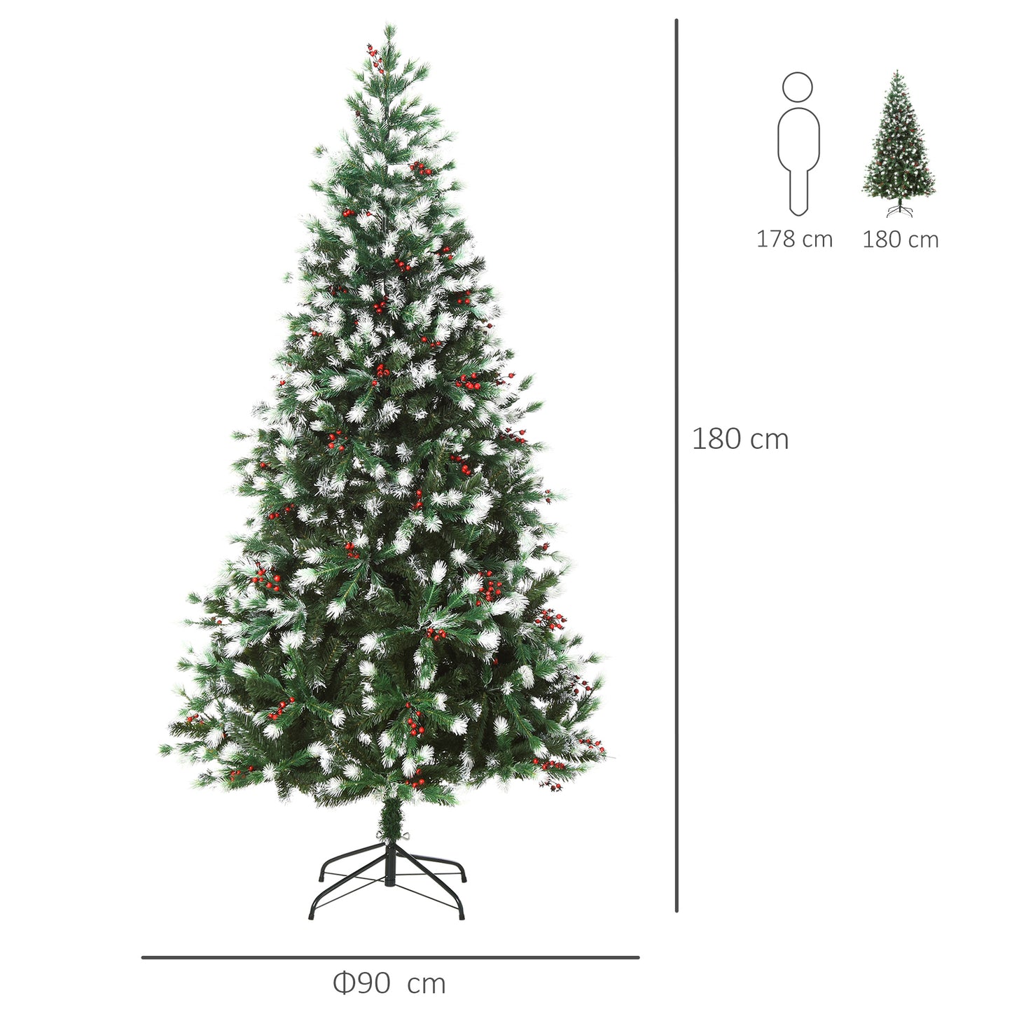 HOMCOM 1.8m Snowy Artificial Christmas Tree w/ Red Berries