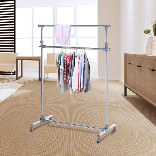 HOMCOM Heavy Duty Clothes Hanger W/Wheels-Silver/Grey