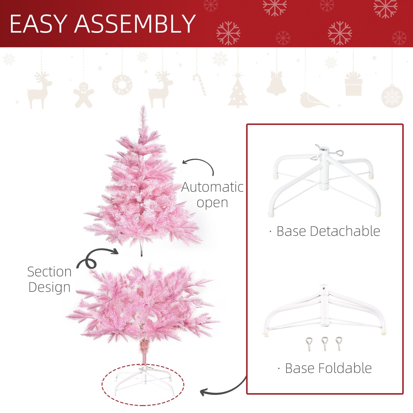 HOMCOM 4FT Pop-up Artificial Christmas Tree Xmas Holiday Tree Decoration Party Pink