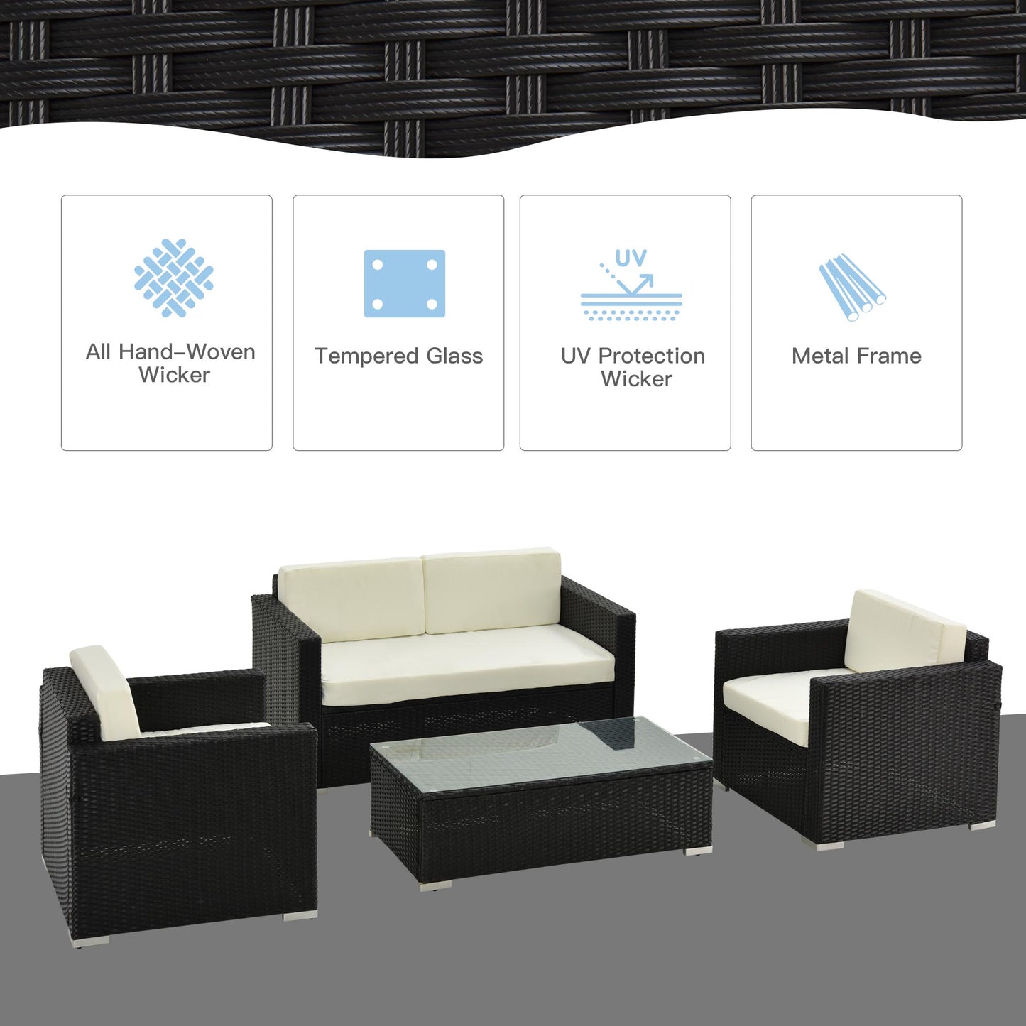 Outsunny 4 Pieces Rattan Sofa Set, Steel-Black