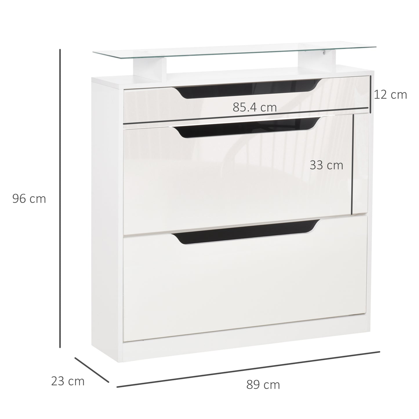 HOMCOM Shoe Cabinet with 3 Drawers Storage Cupboard w/ Flip Door Glass Top Gloss White