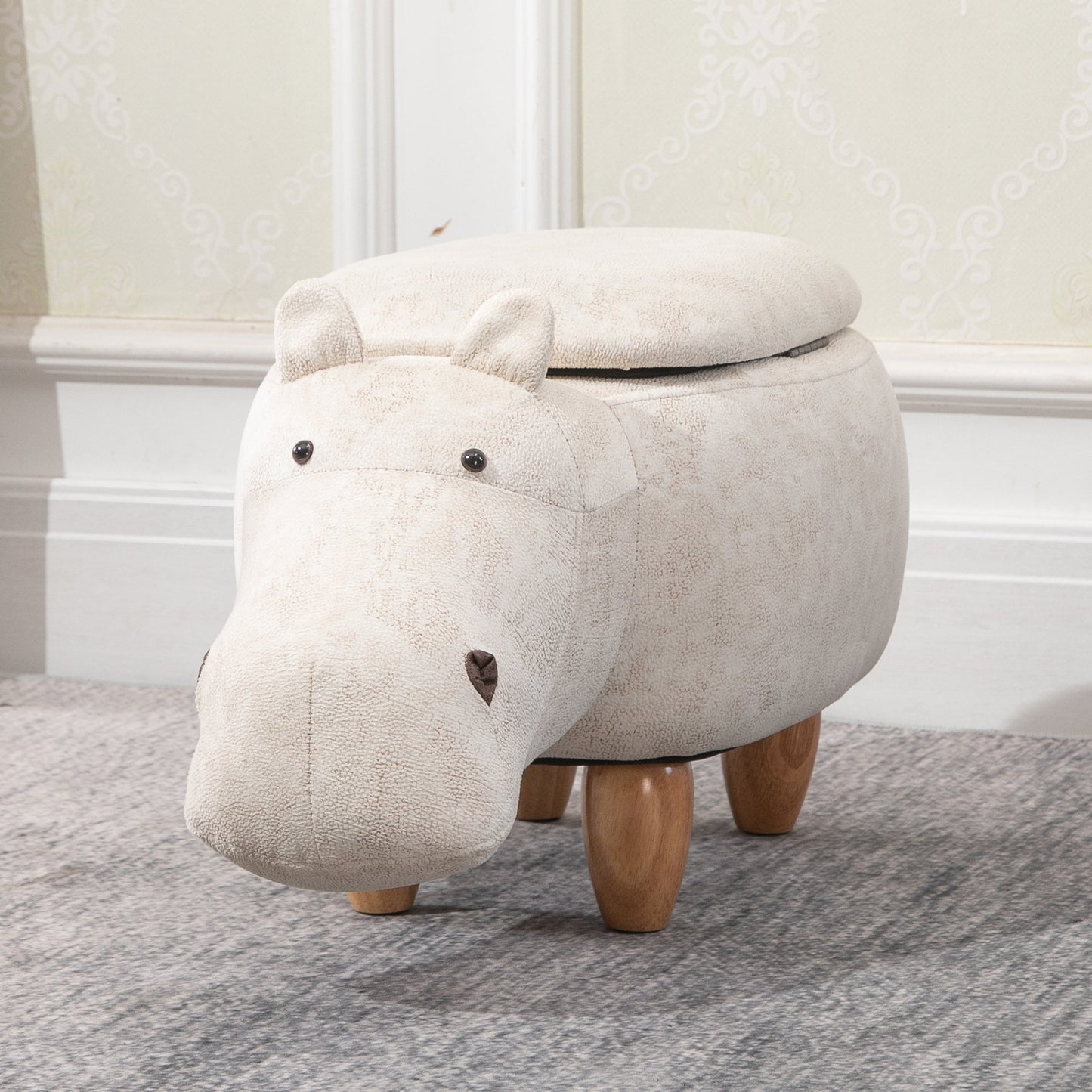 HOMCOM Hippo Storage Footstool Ottoman Polyester Upholstered Stool Cream/White