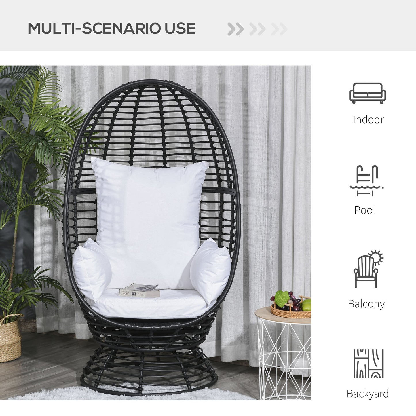 Outsunny Round PE Rattan Wicker Swivel Basket Egg Chair Egg Seat with Cushion