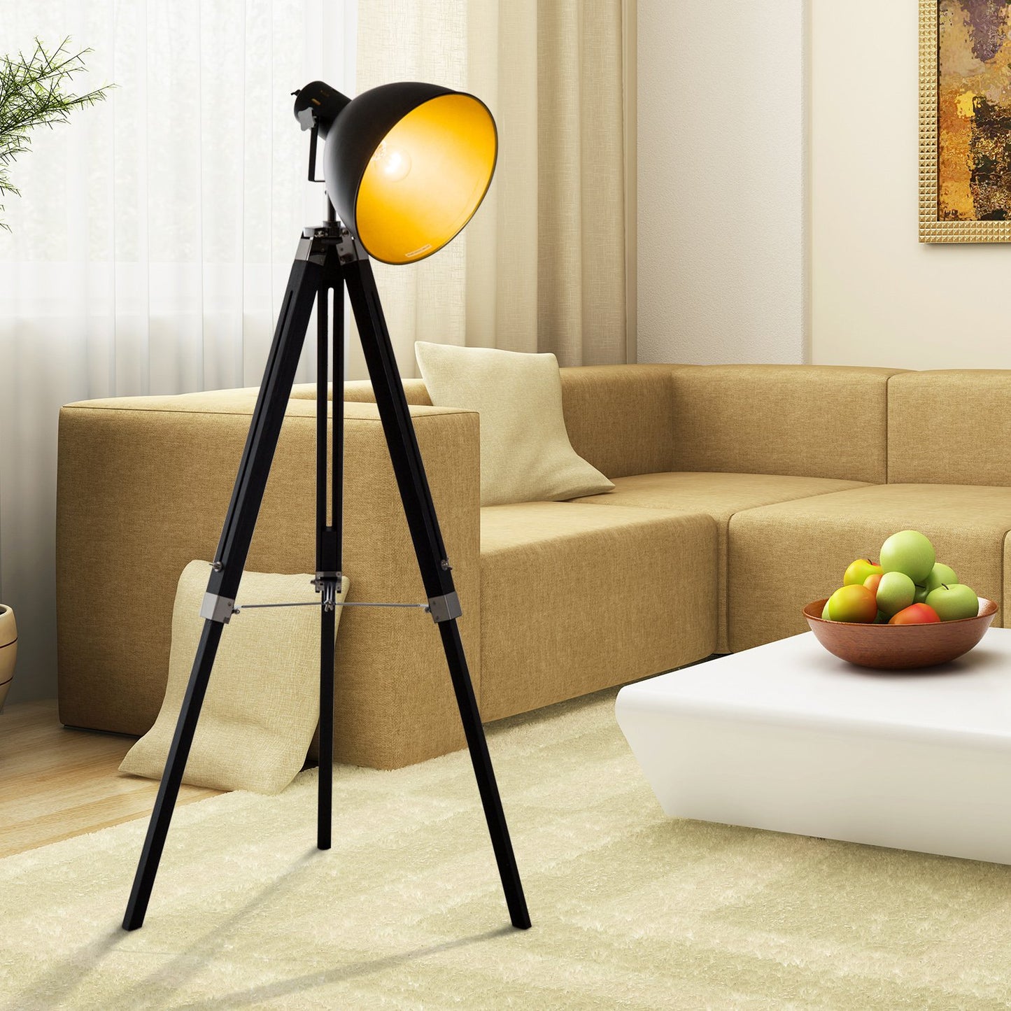 HOMCOM Pine Wood Adjustable Tripod Free-Standing Floor Lamp Black/Gold