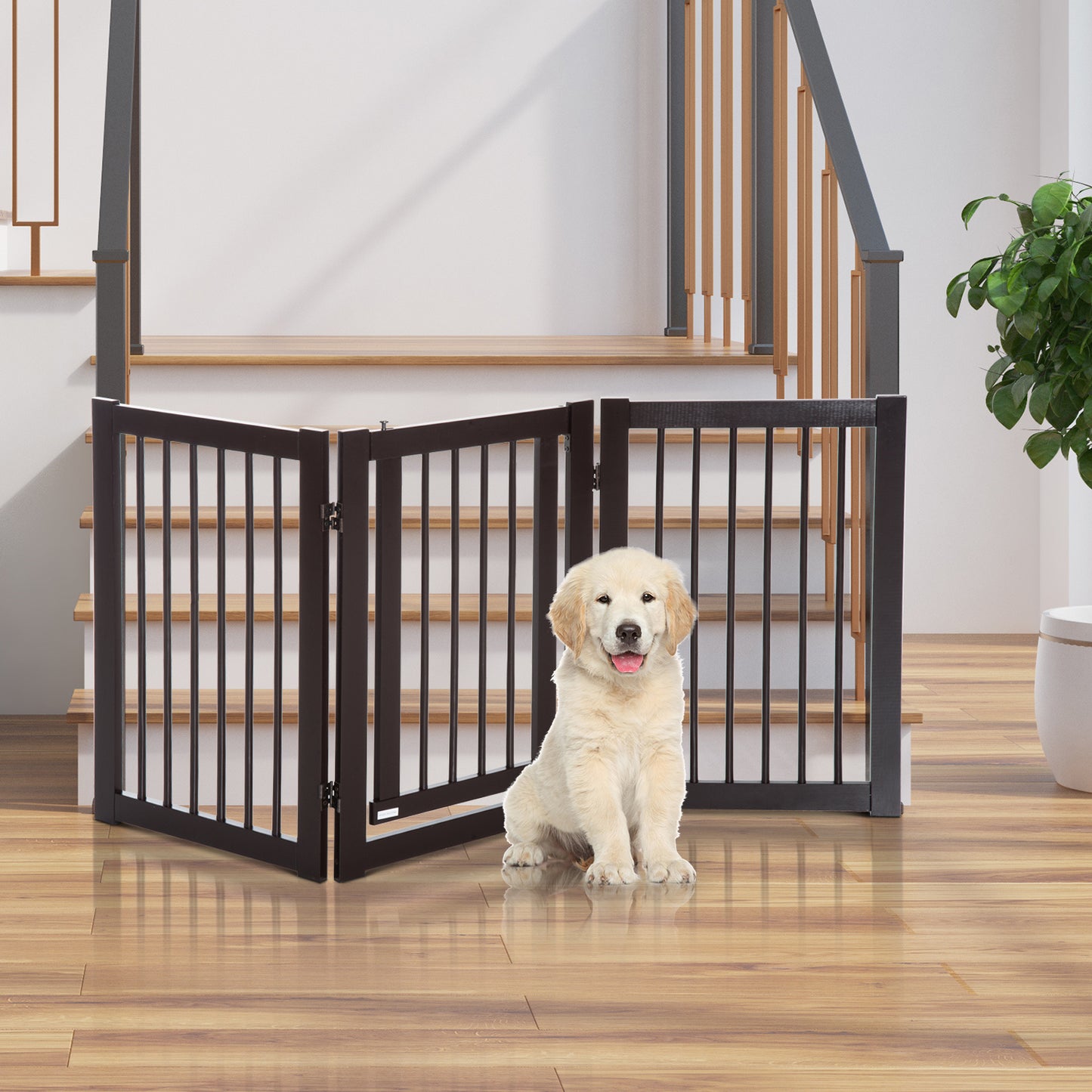 PawHut MDF Freestanding Expandable Pet Gate w/ Latched Door Brown