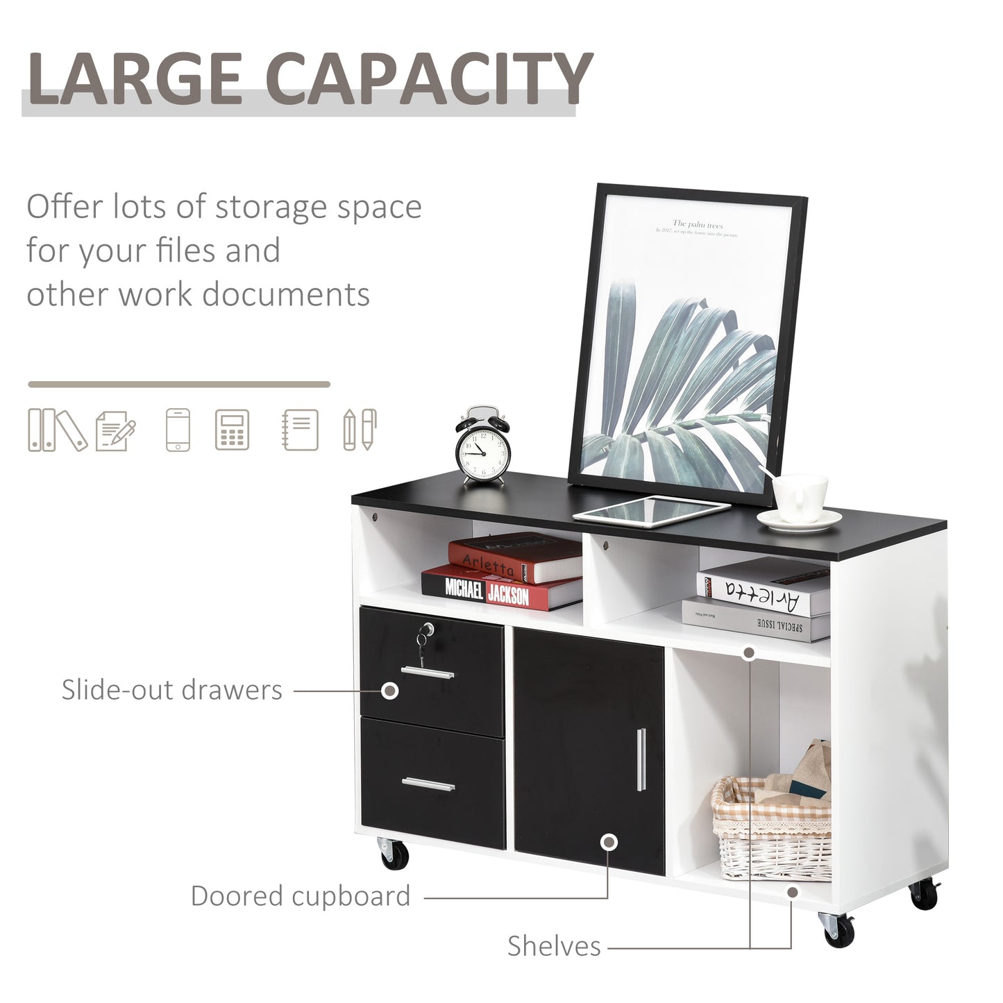 HOMCOM Printer Stand Home Office Mobile Cabinet Organizer w/ Castor, Drawer, Key