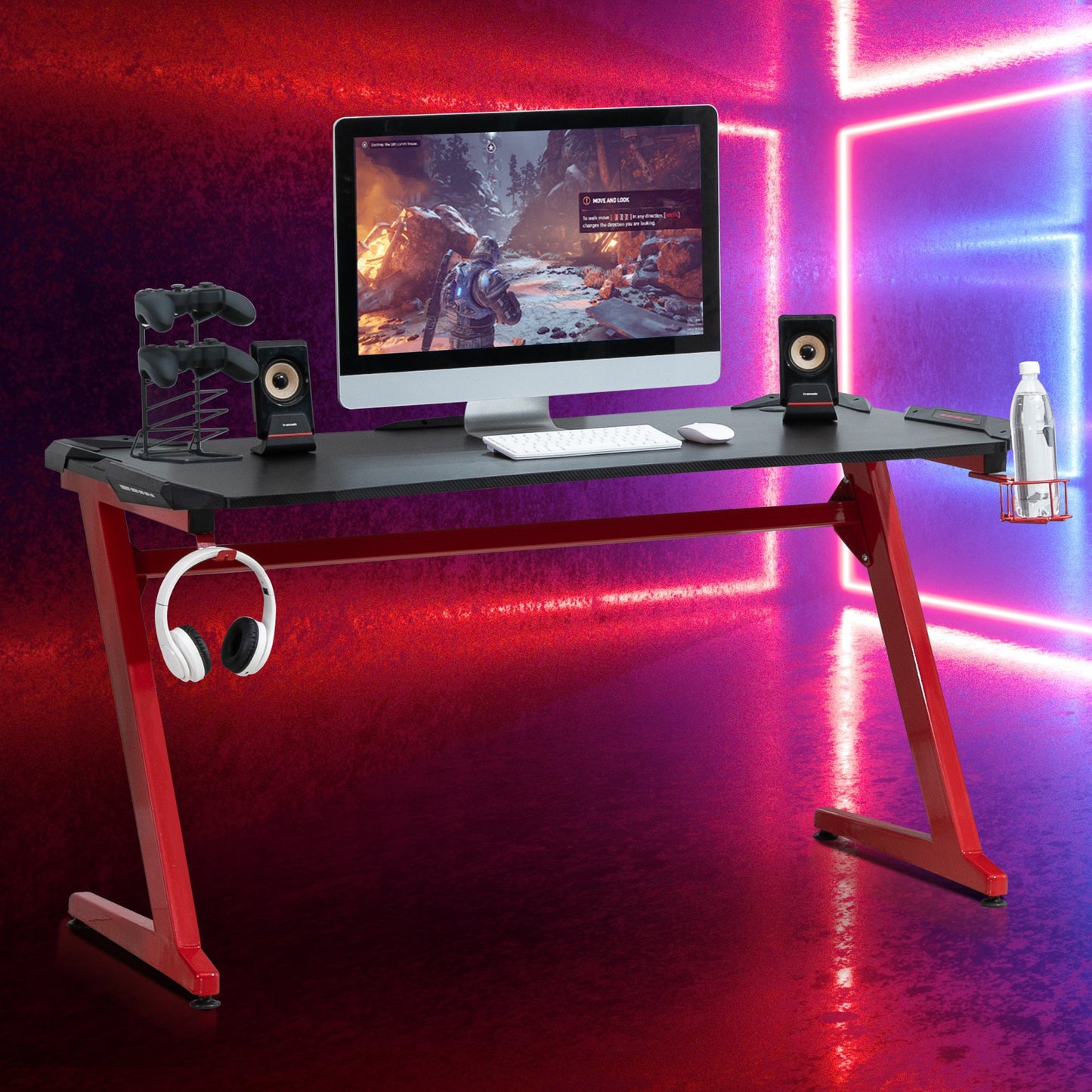 HOMCOM Computer Desk Gaming Desk Writing Table w/cup holder Headphone hook Red/Black