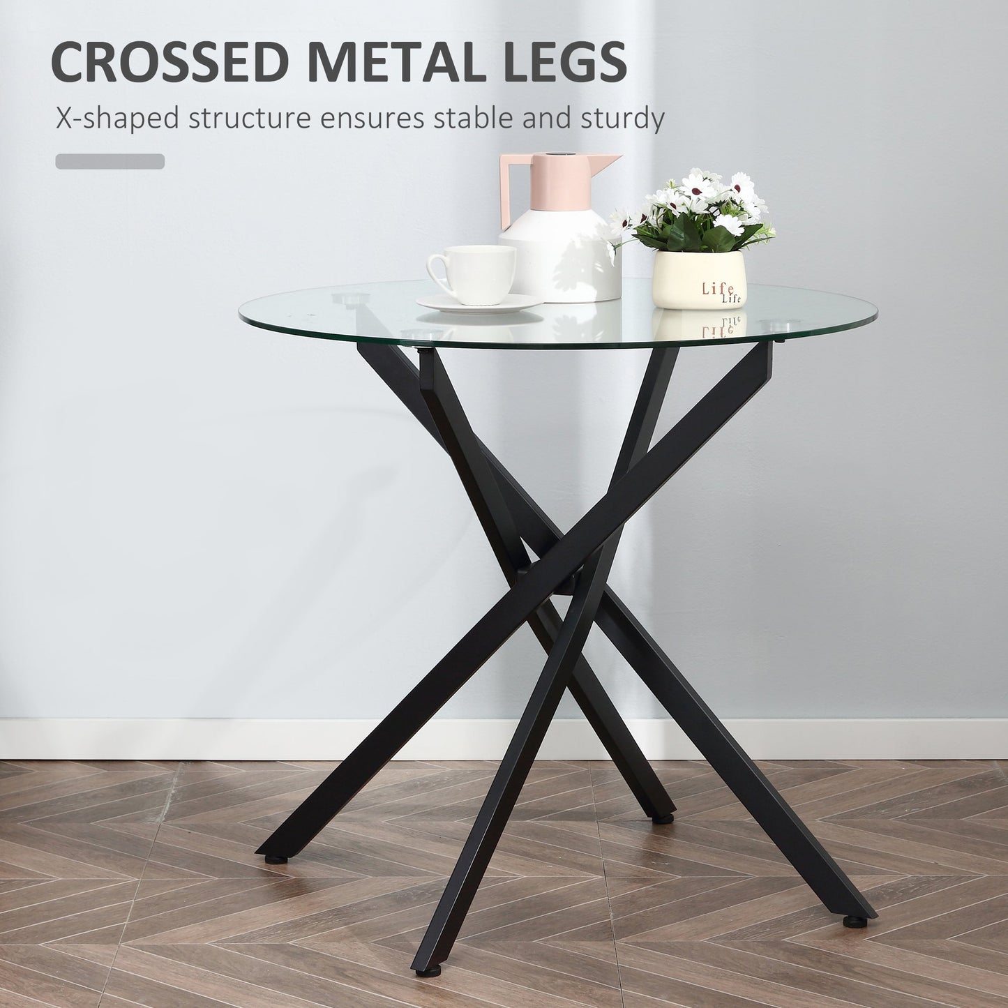 HOMCOM Round Side Table with Tempered Glass Top & Metal Legs Dining Living Room Black
