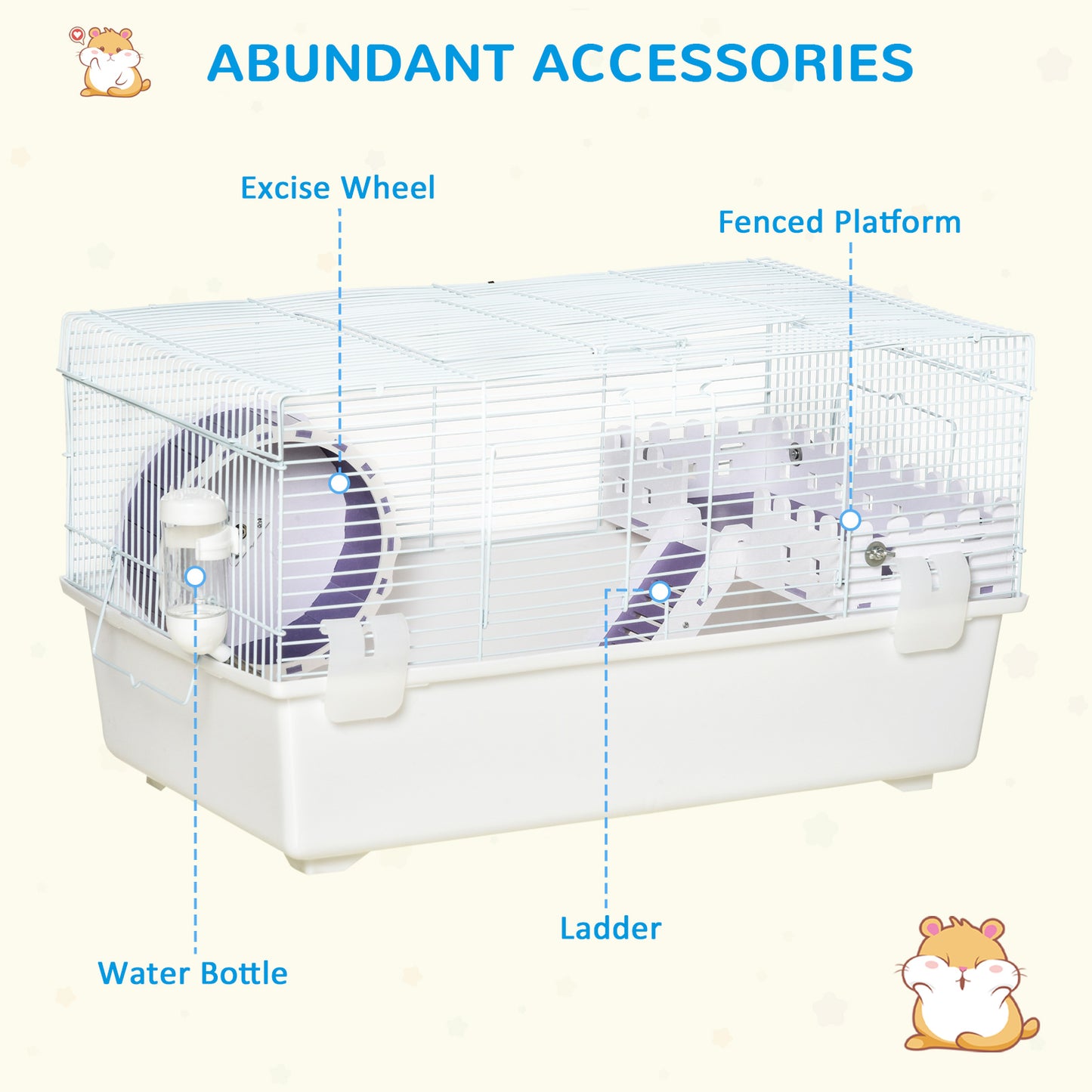 PawHut Two-Tier Hamster Cage Gerbil Haven w/ Excise Wheel, Water Bottle, Ladder, White