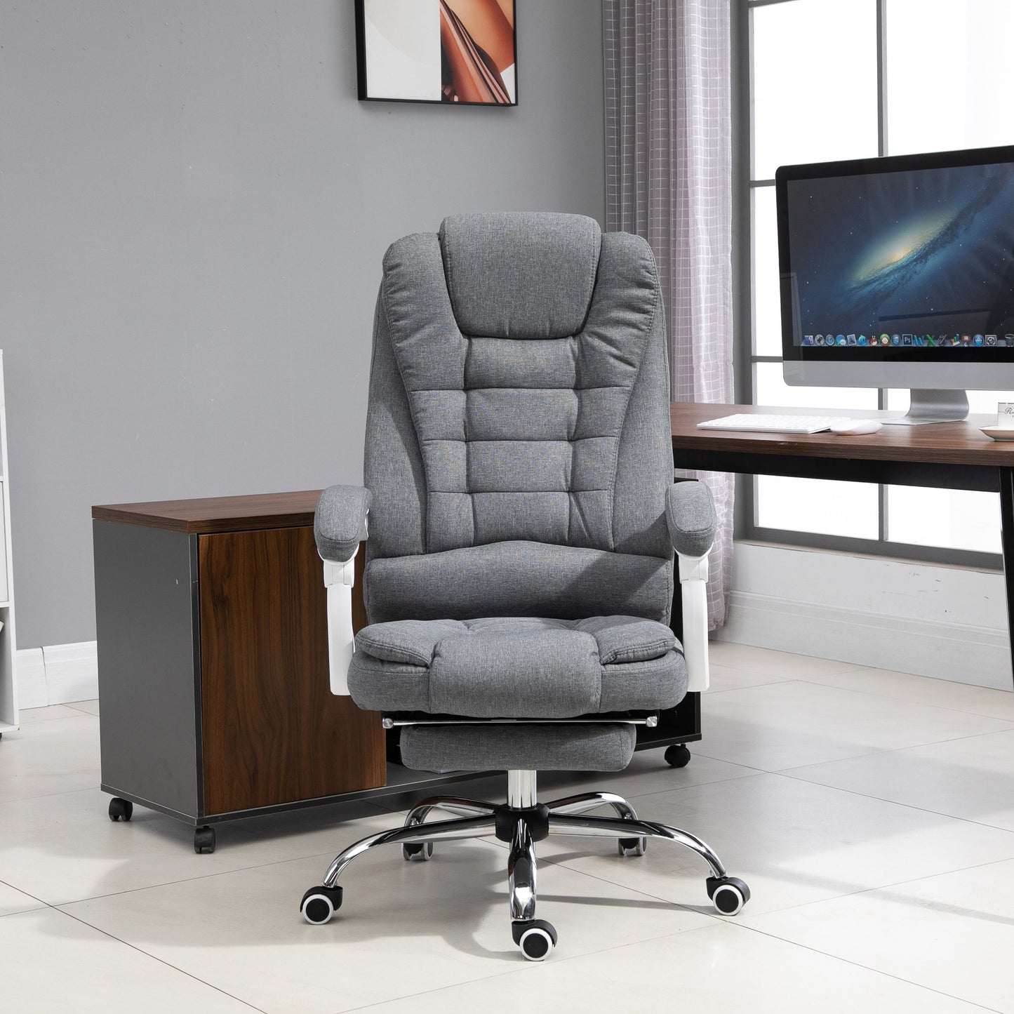 Vinsetto Linen Ergonomic Office Chair w/ Retractable Footrest Gray White