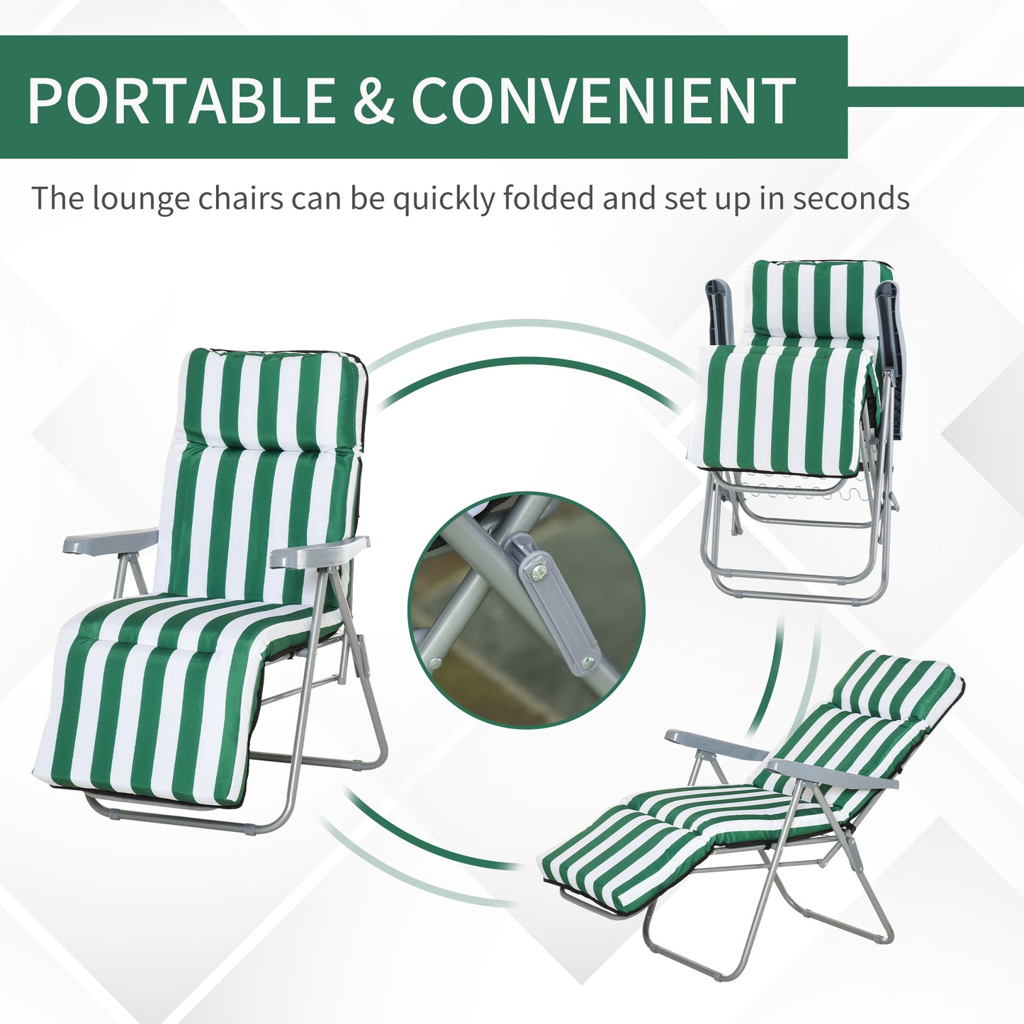 Outsunny 2 Pc Folding Sun Reclining Chairs W/ Cushions Set-Green/White