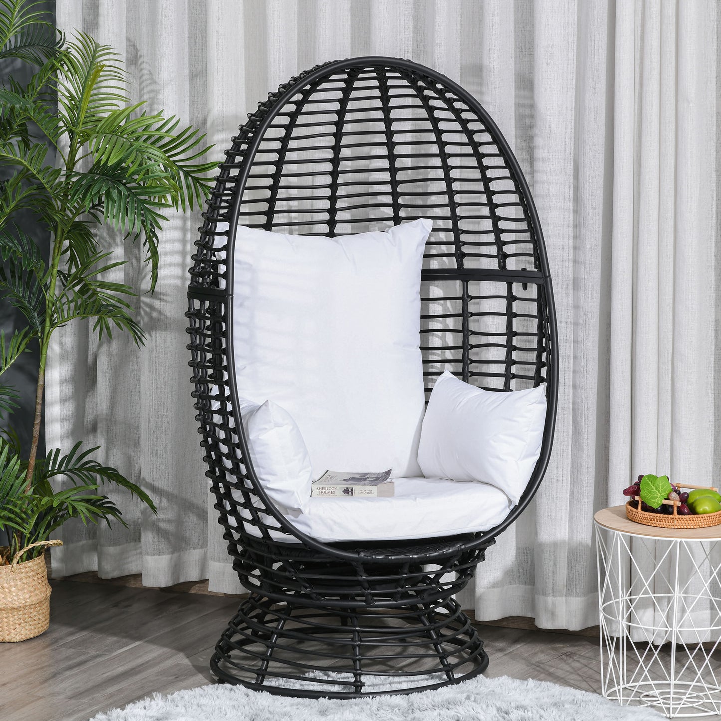 Outsunny Round PE Rattan Wicker Swivel Basket Egg Chair Egg Seat with Cushion