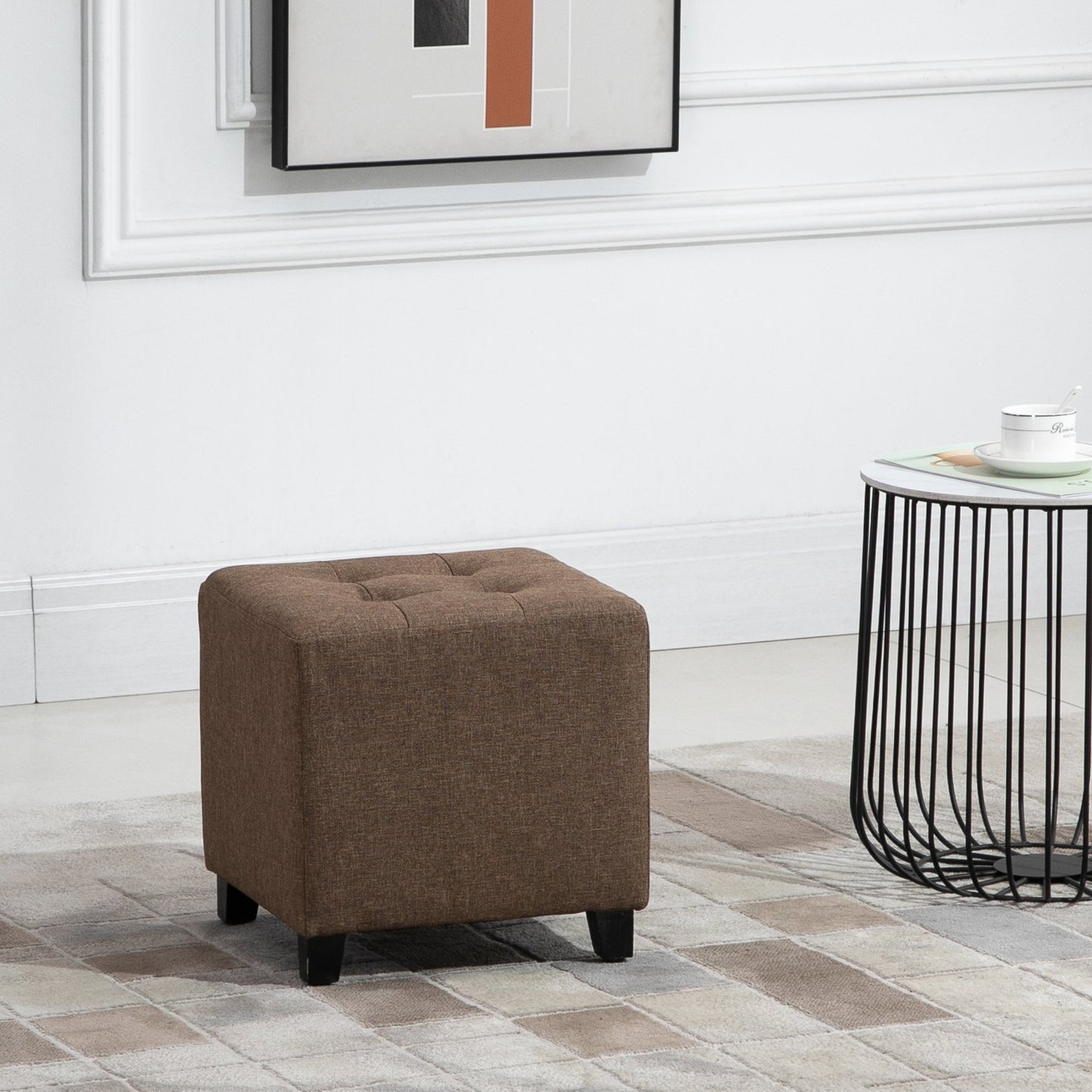 HOMCOM Footstool Ottoman Tufted Ottoman Coffee Table Linen-Touch Fabric Footrest -Brown