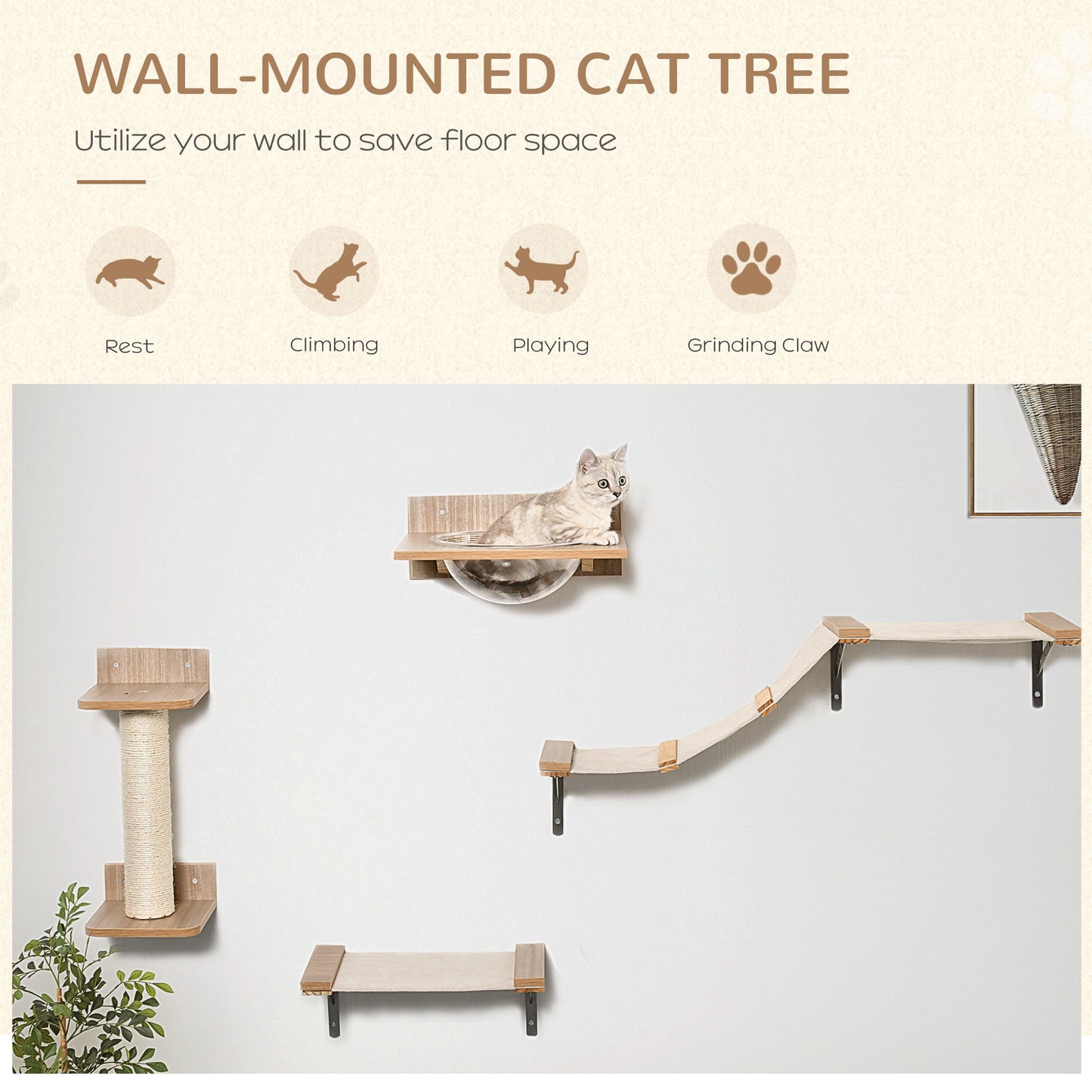 PawHut Cat Tree 4PCs Wall-mounted Shelf Set Climbing Frame Activity Center