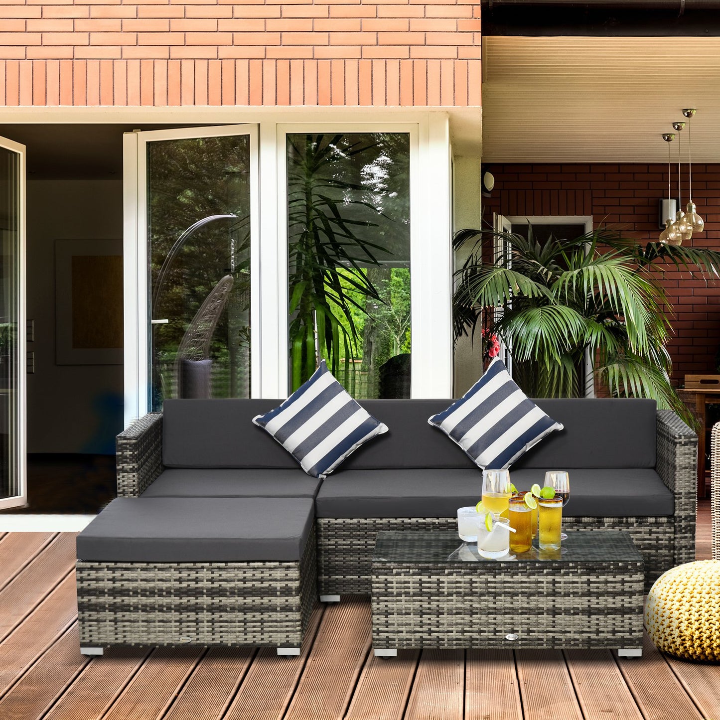 Outsunny 5 Pieces Rattan Sofa Set Wicker Sectional Furniture Cushion Grey Garden