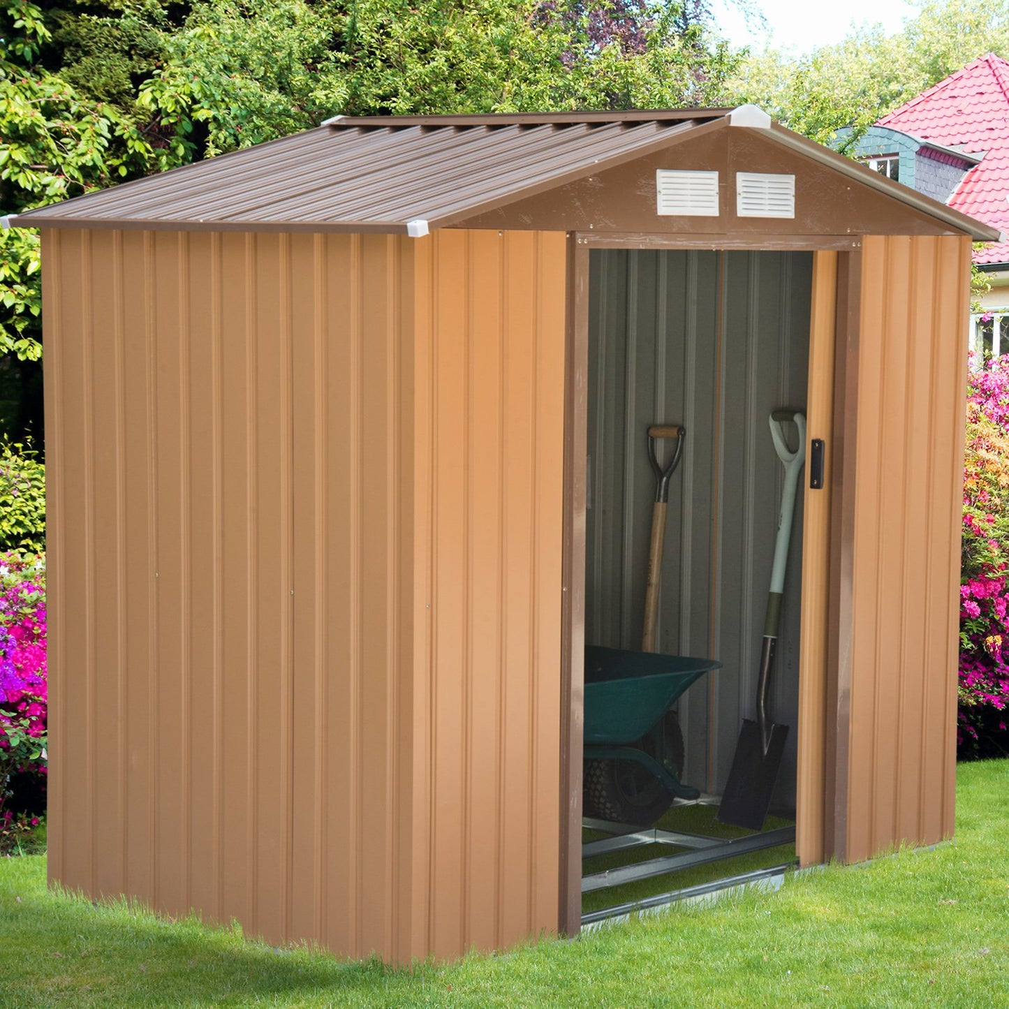 Outsunny 7 x 4ft Lockable Garden Shed Large Patio Roofed Tool Metal Storage Building Foundation Sheds - Khaki