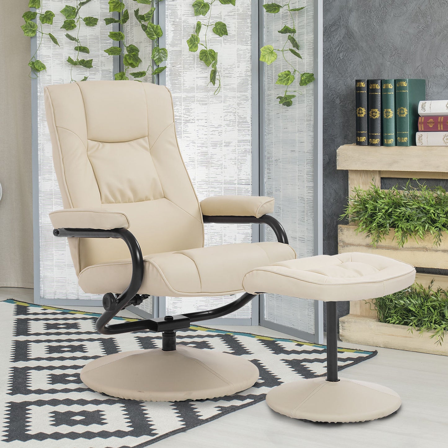 HOMCOM PVC Reclining Executive Chair w/ Footrest Stool Cream