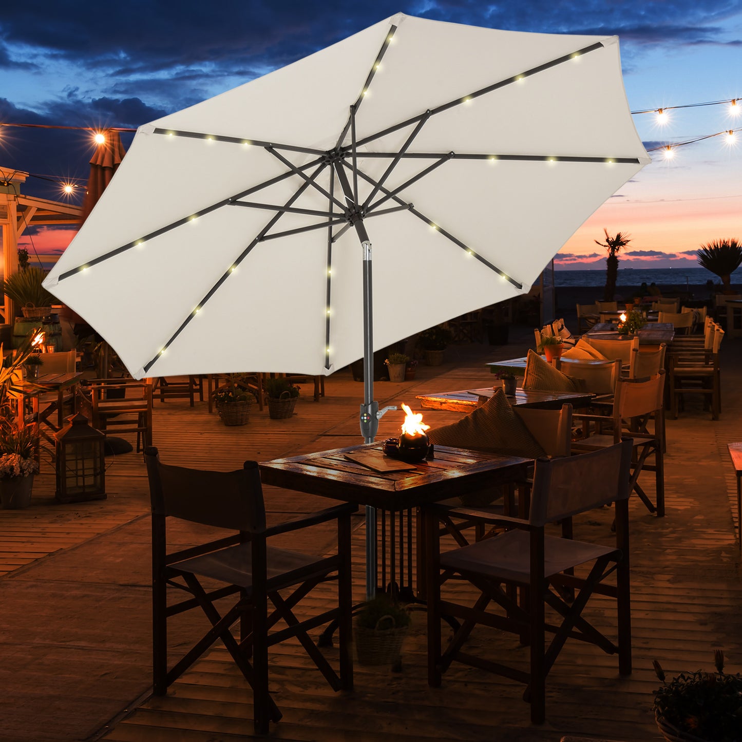 Outsunny Garden Parasol Outdoor Tilt Sun Umbrella Patio 24 LED Light Hand Crank Off-white