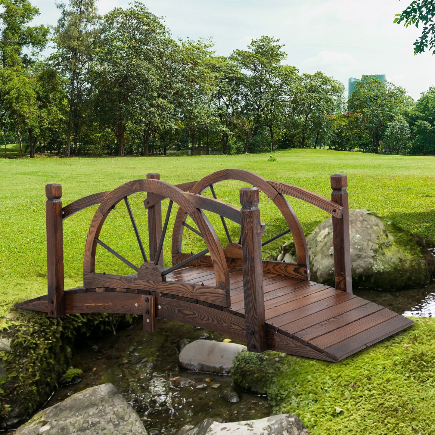 Outsunny Wooden Garden Bridge Decorative Arc Footbridge w/ Safety Guardrail Stained Wood